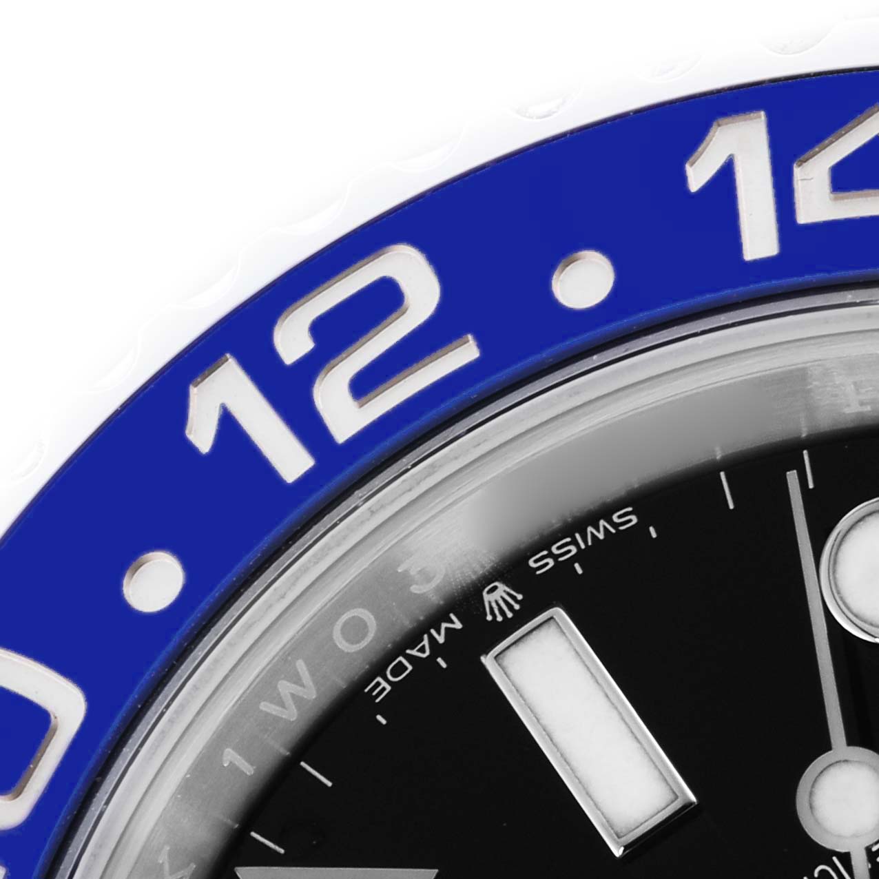 The image shows a close-up of the bezel and part of the dial of a Rolex GMT-Master 126710BLNR Men
s Stainless Steel Black Dial 126710BLNR Men
s Stainless Steel Black Dial, highlighting the numbers and hour markers.