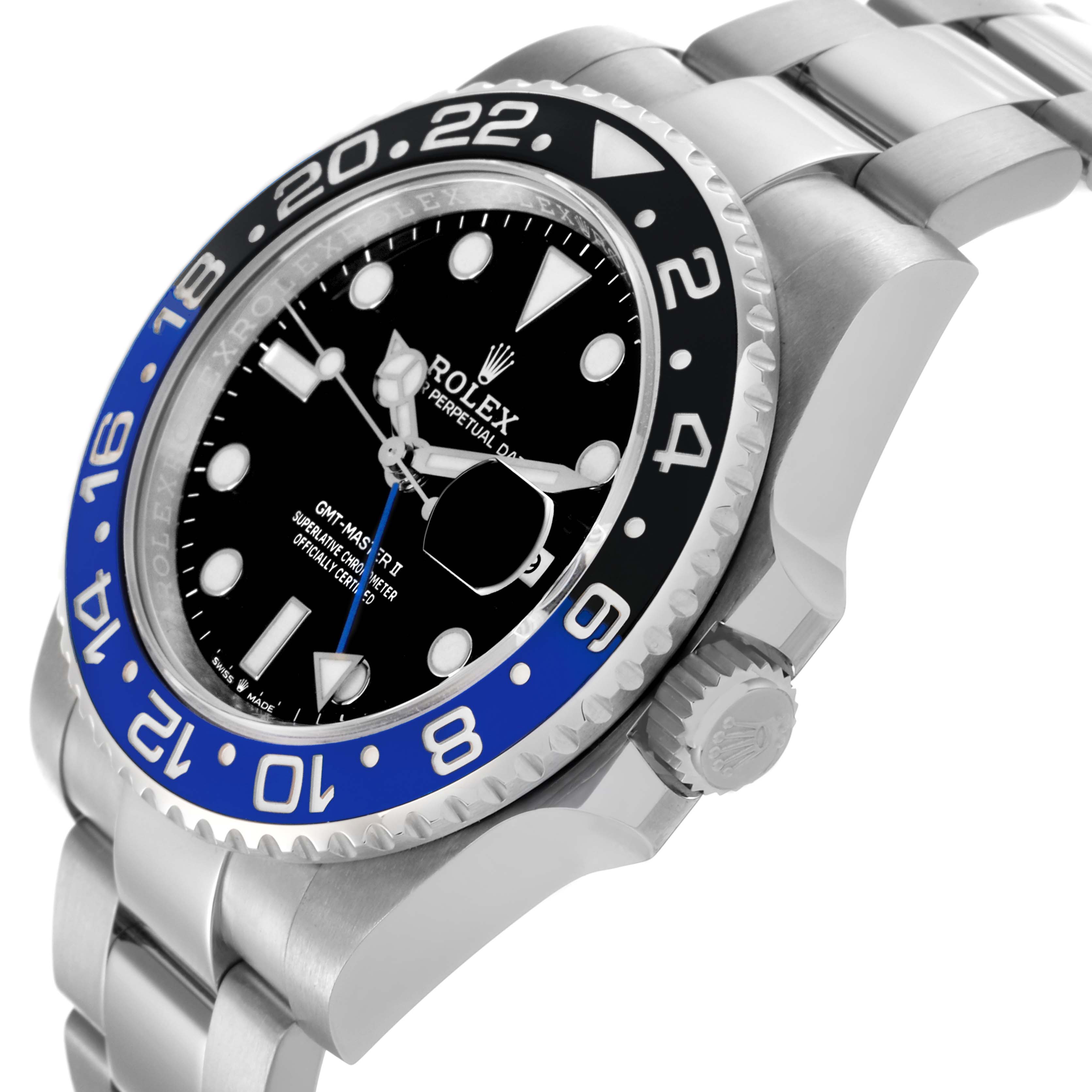 The Rolex GMT-Master 126710BLNR Men
s Stainless Steel Black Dial 126710BLNR Men
s Stainless Steel Black Dial watch is shown from a side angle, highlighting the bezel, dial, crown, and part of the bracelet.