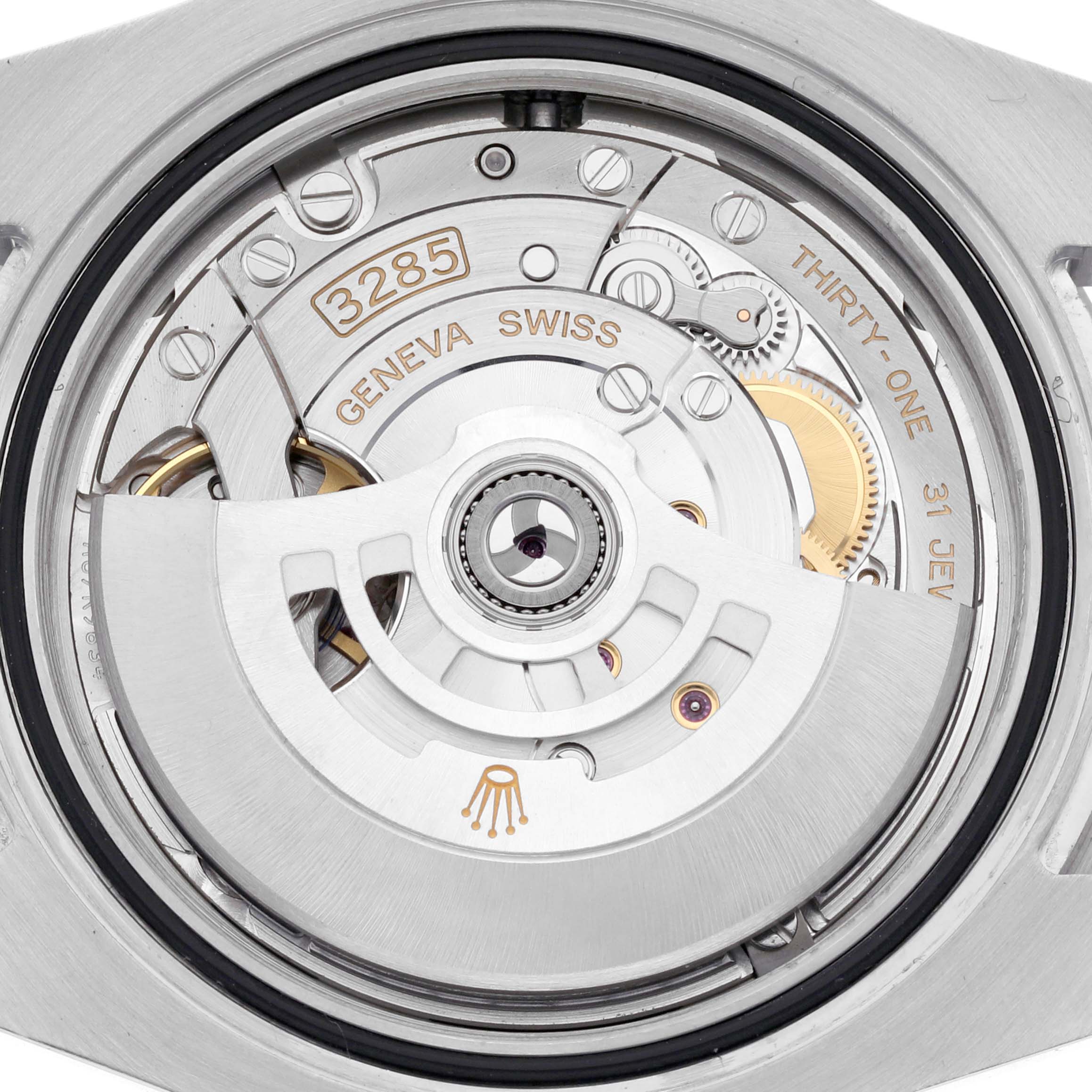 This image shows the movement of a Rolex GMT-Master 126710BLNR Men
s Stainless Steel Black Dial 126710BLNR Men
s Stainless Steel Black Dial watch, focusing on the intricate internal mechanics.