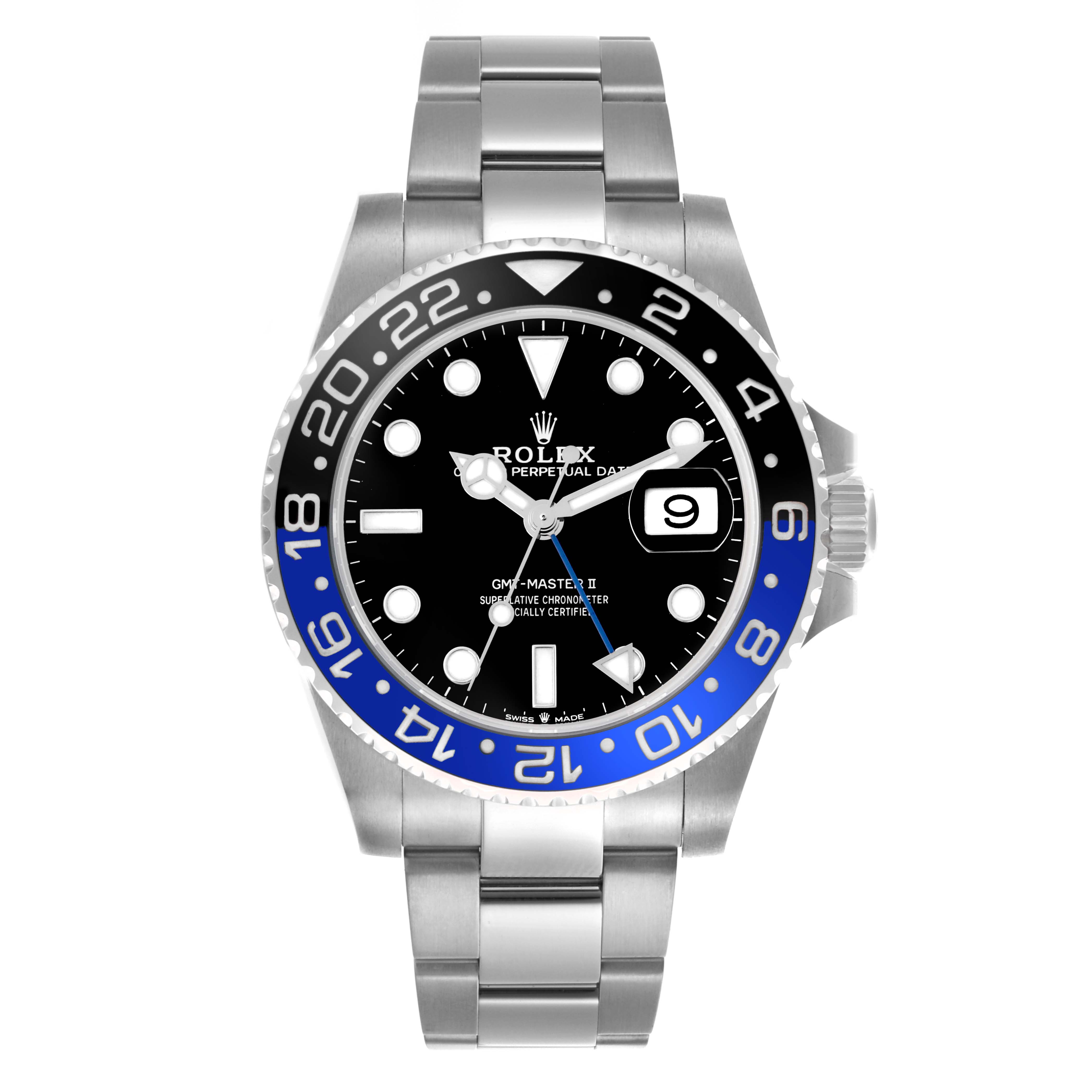 This Rolex GMT-Master 126710BLNR Men
s Stainless Steel Black Dial 126710BLNR Men
s Stainless Steel Black Dial watch is shown from a front angle, highlighting the bezel, dial, hands, and bracelet.
