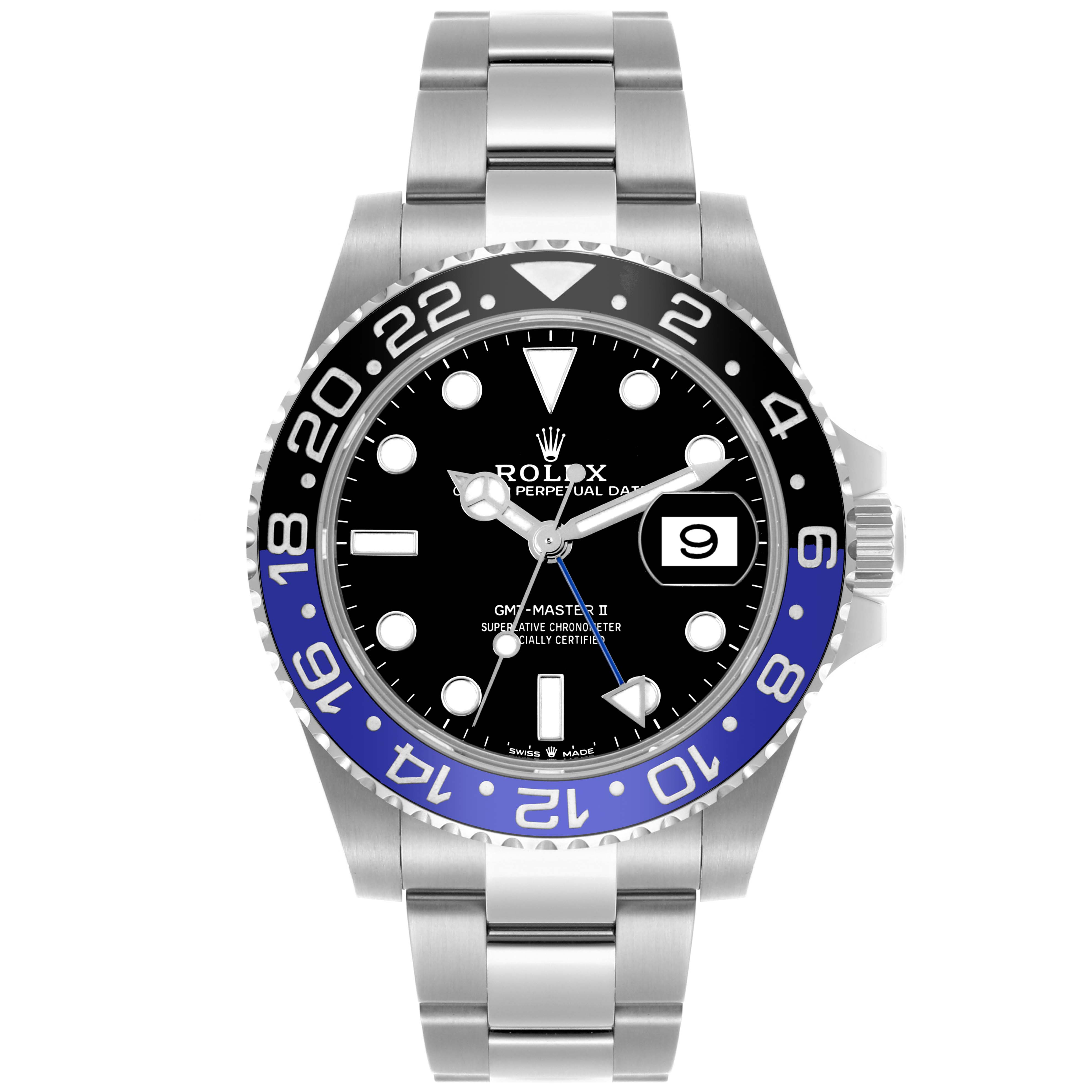 The Rolex GMT-Master 126710BLNR Men's Stainless Steel Black Dial 126710BLNR Men's Stainless Steel Black Dial watch is shown from the front, displaying the dial, bezel, and bracelet.
