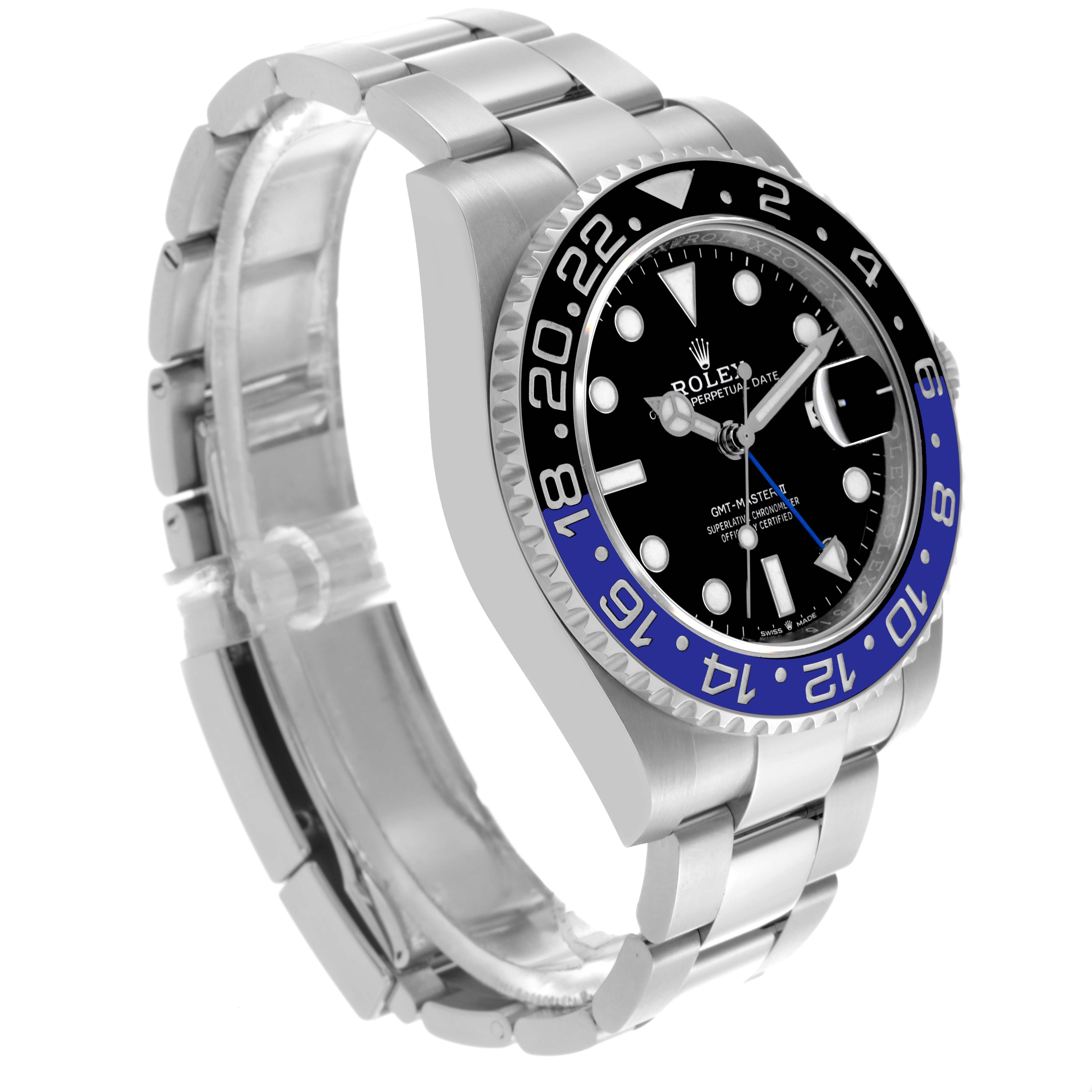 The image shows a Rolex GMT-Master 126710BLNR Men's Stainless Steel Black Dial 126710BLNR Men's Stainless Steel Black Dial watch at a slight front-side angle, displaying the bezel, dial, and bracelet.