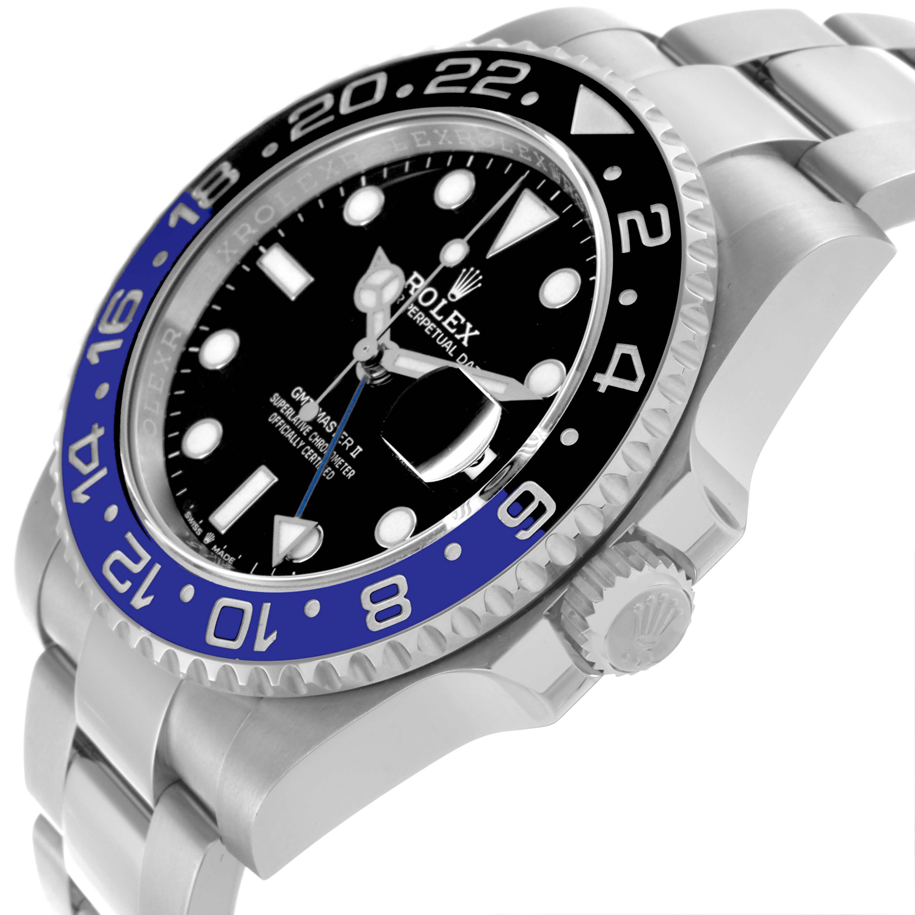 The Rolex GMT-Master 126710BLNR Men's Stainless Steel Black Dial 126710BLNR Men's Stainless Steel Black Dial watch is shown from an angled front view, displaying its bezel, dial, and crown.
