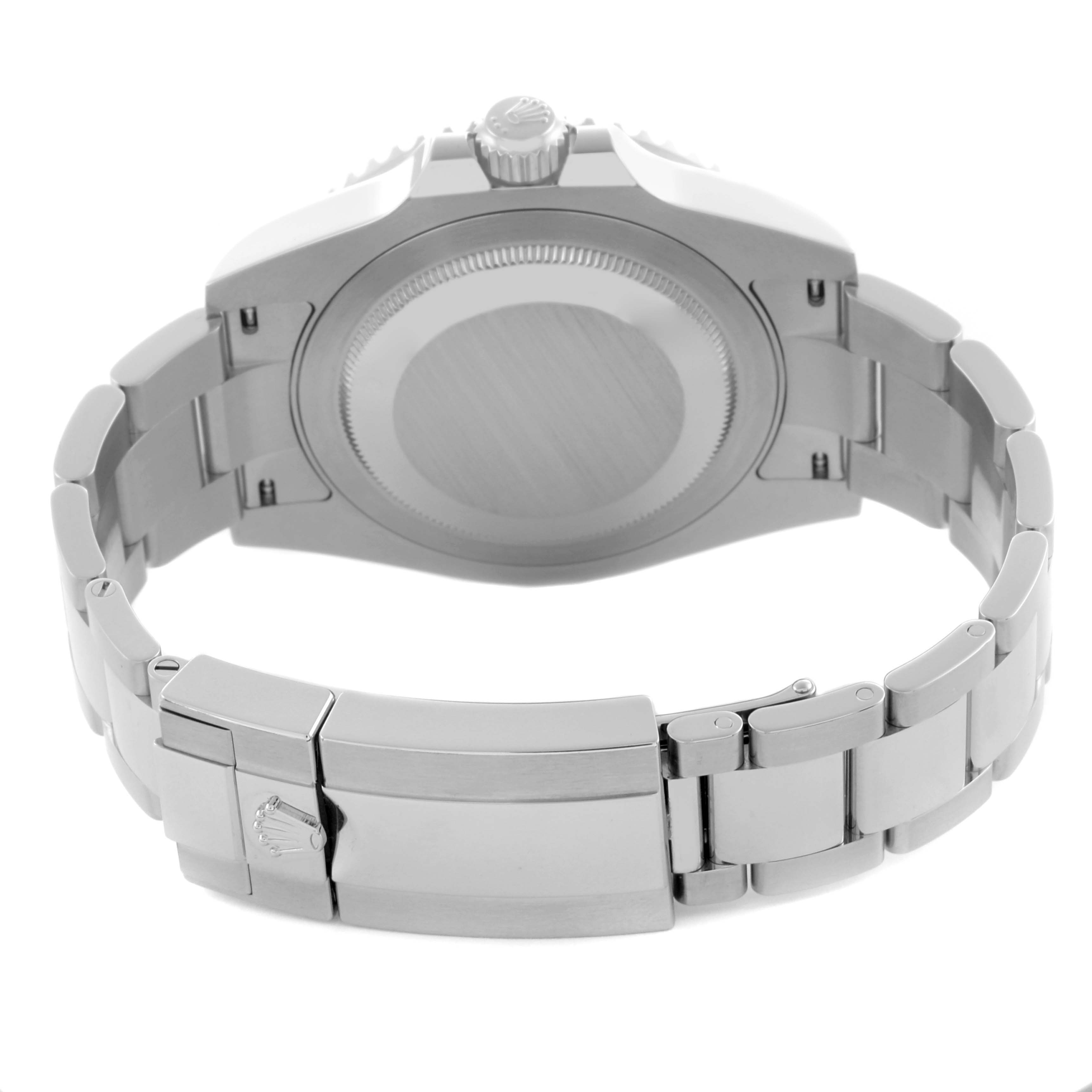 The image shows the back view of a Rolex GMT-Master 126710BLNR Men's Stainless Steel Black Dial 126710BLNR Men's Stainless Steel Black Dial, focusing on the case back and metal bracelet with a clasp.