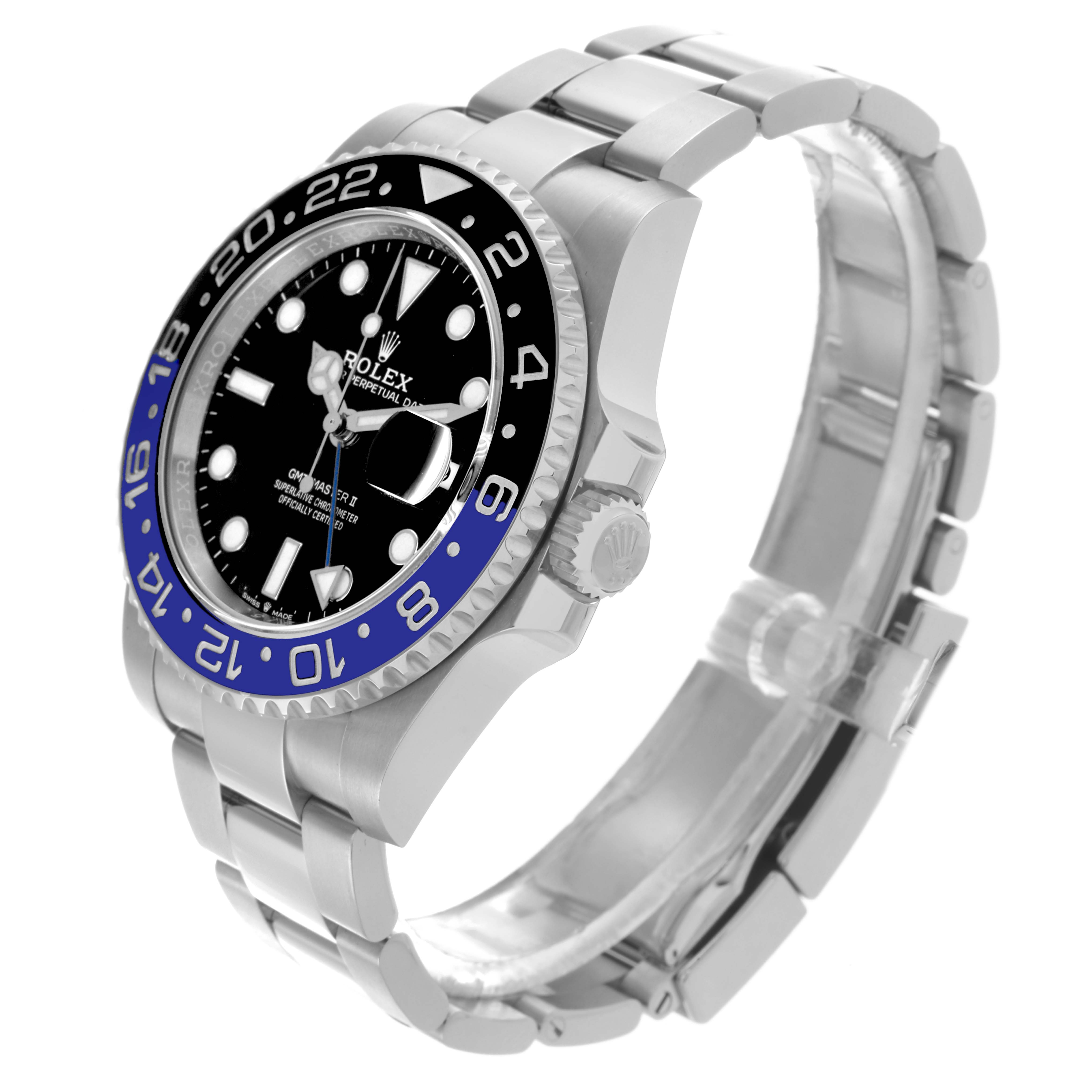 The Rolex GMT-Master 126710BLNR Men's Stainless Steel Black Dial 126710BLNR Men's Stainless Steel Black Dial watch is shown at a slight side angle, highlighting the bezel, crown, and bracelet.