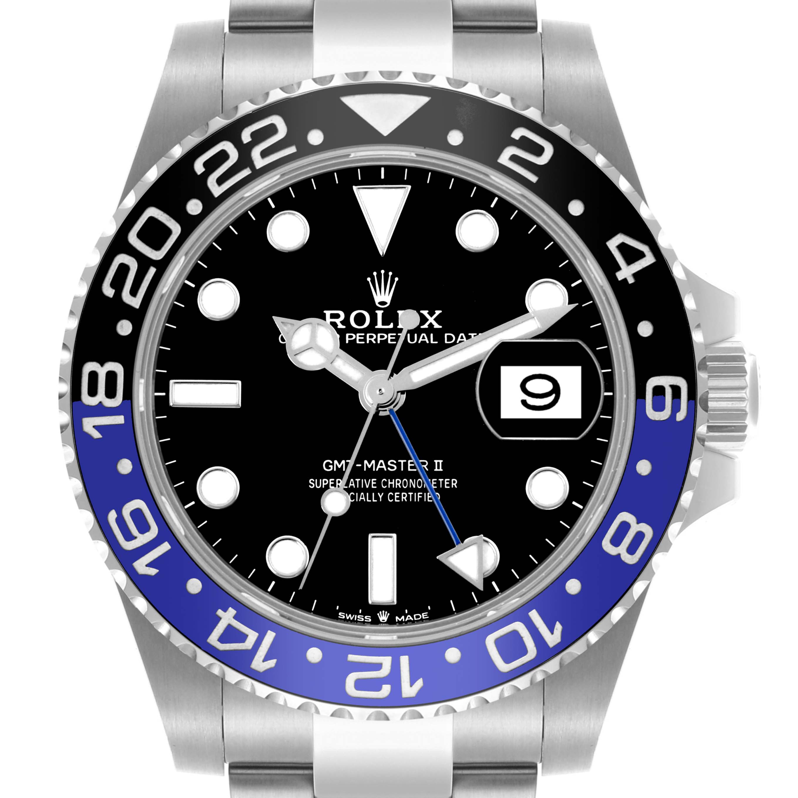 This image shows a front view of the Rolex GMT-Master 126710BLNR Men's Stainless Steel Black Dial 126710BLNR Men's Stainless Steel Black Dial II, highlighting its bezel, dial, and date.