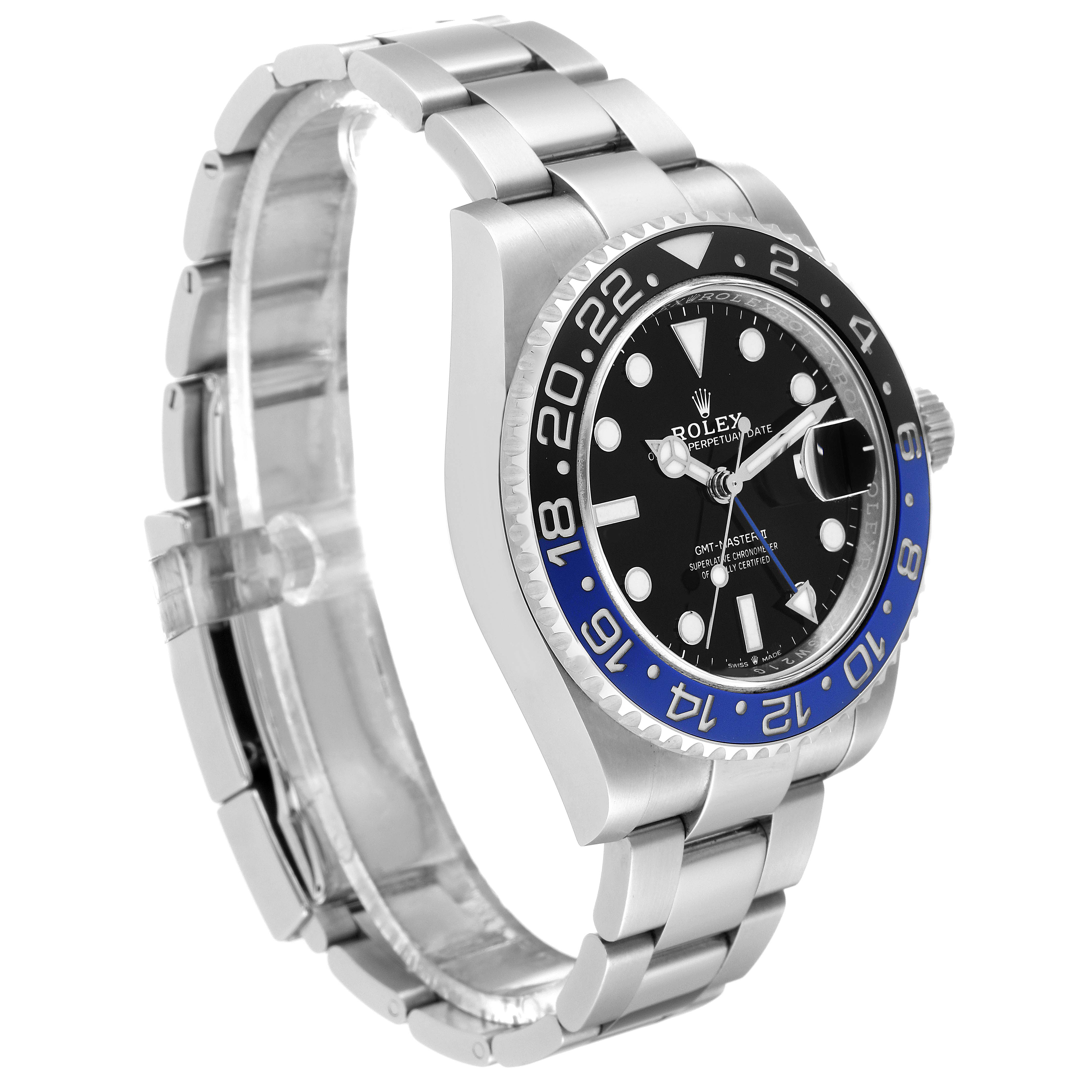 The image shows a side and frontal angle of a Rolex GMT-Master 126710BLNR Men
s Stainless Steel Black Dial 126710BLNR Men
s Stainless Steel Black Dial watch, highlighting the bezel, dial, and bracelet.