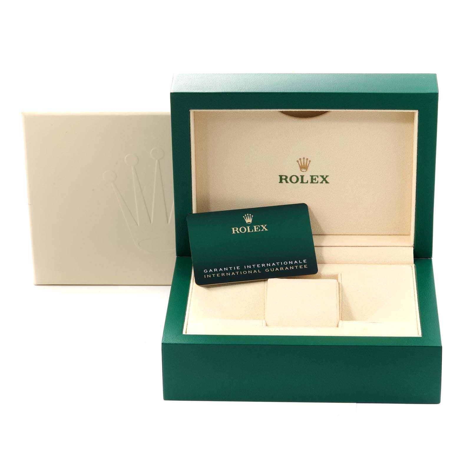 The image shows the open presentation box and international guarantee card for the Rolex GMT-Master 126710BLNR Men
s Stainless Steel Black Dial 126710BLNR Men
s Stainless Steel Black Dial watch.