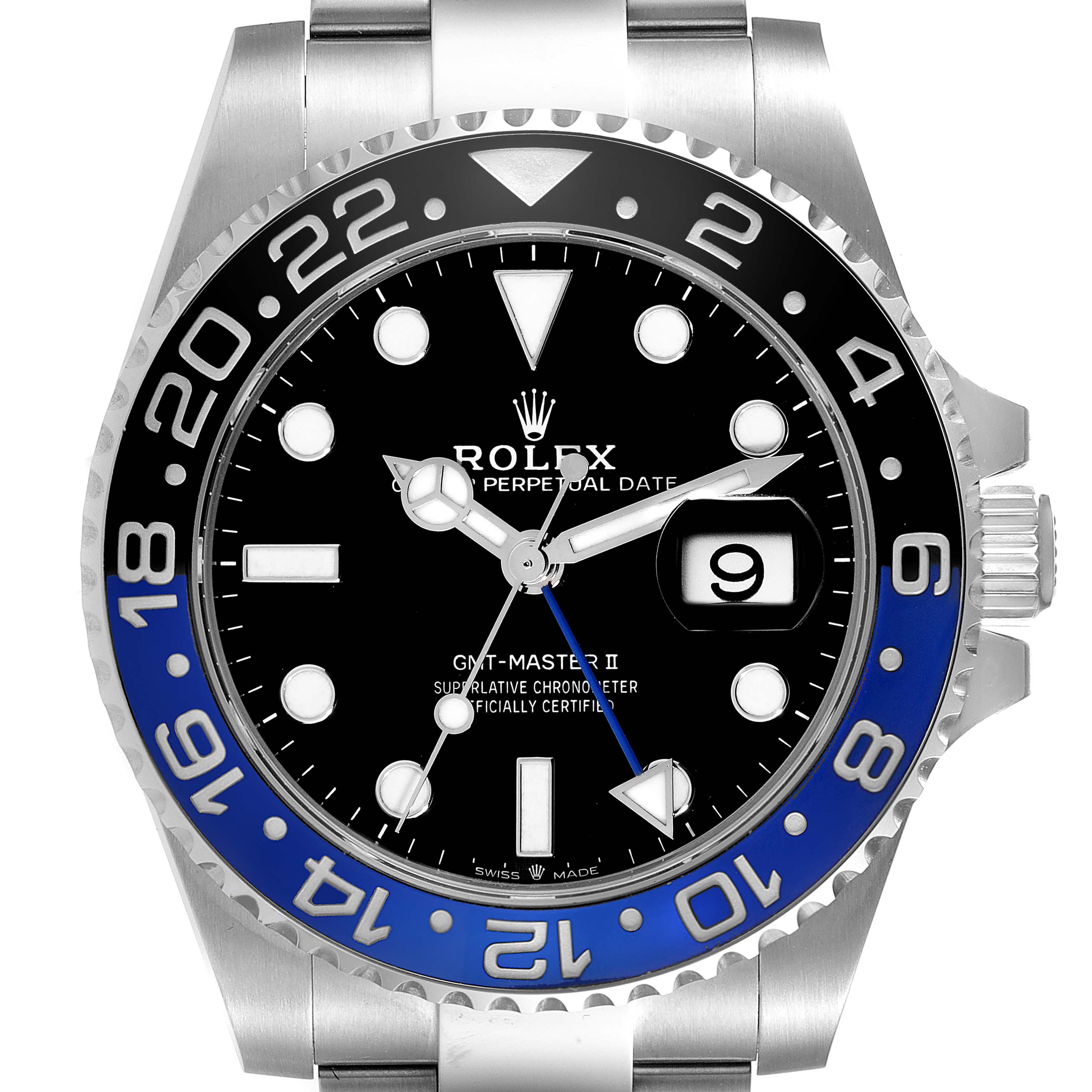 The Rolex GMT-Master 126710BLNR Men
s Stainless Steel Black Dial 126710BLNR Men
s Stainless Steel Black Dial II watch is shown from a front angle, displaying its face, bezel, bracelet, and dial.
