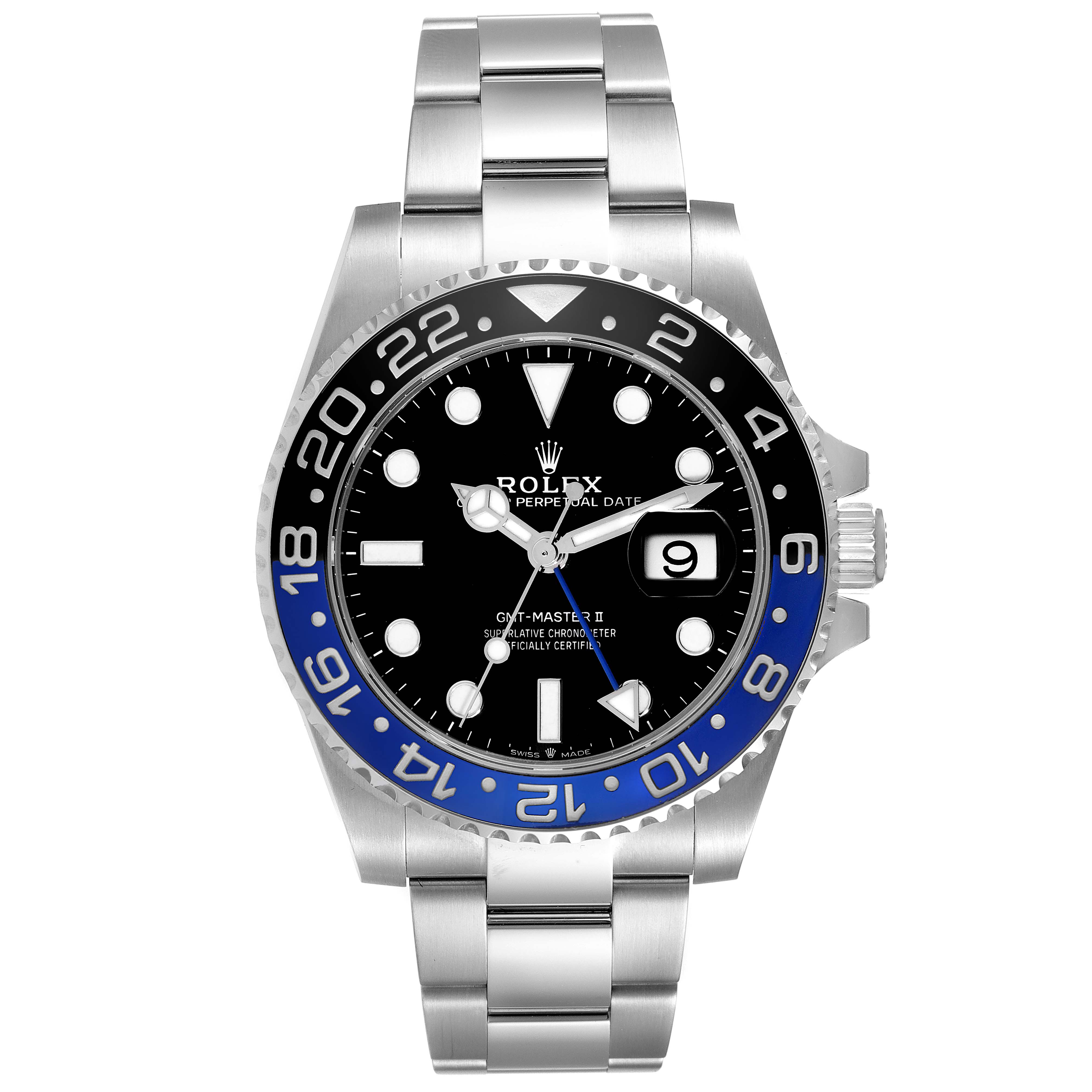 The image shows a front view of the Rolex GMT-Master 126710BLNR Men
s Stainless Steel Black Dial 126710BLNR Men
s Stainless Steel Black Dial II watch, displaying the dial, bezel, and part of the bracelet.
