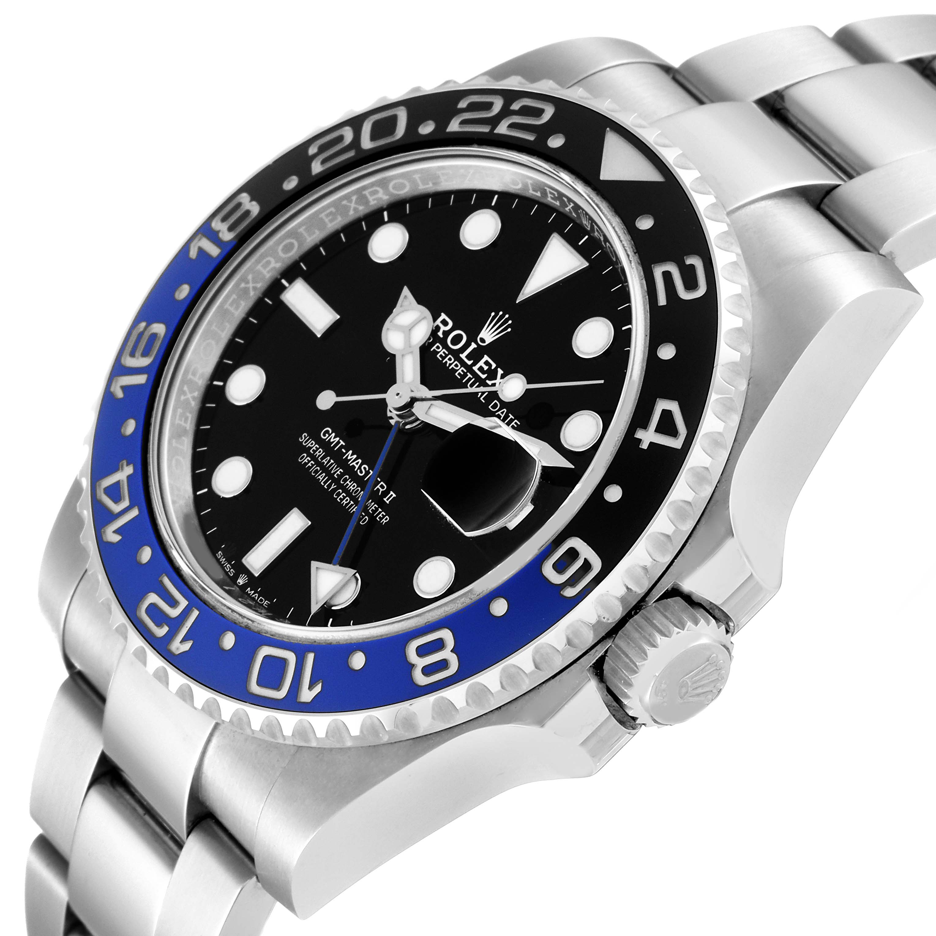 The image shows a close-up of the Rolex GMT-Master 126710BLNR Men
s Stainless Steel Black Dial 126710BLNR Men
s Stainless Steel Black Dial II watch, highlighting the dial, bezel, and part of the bracelet at an angle.
