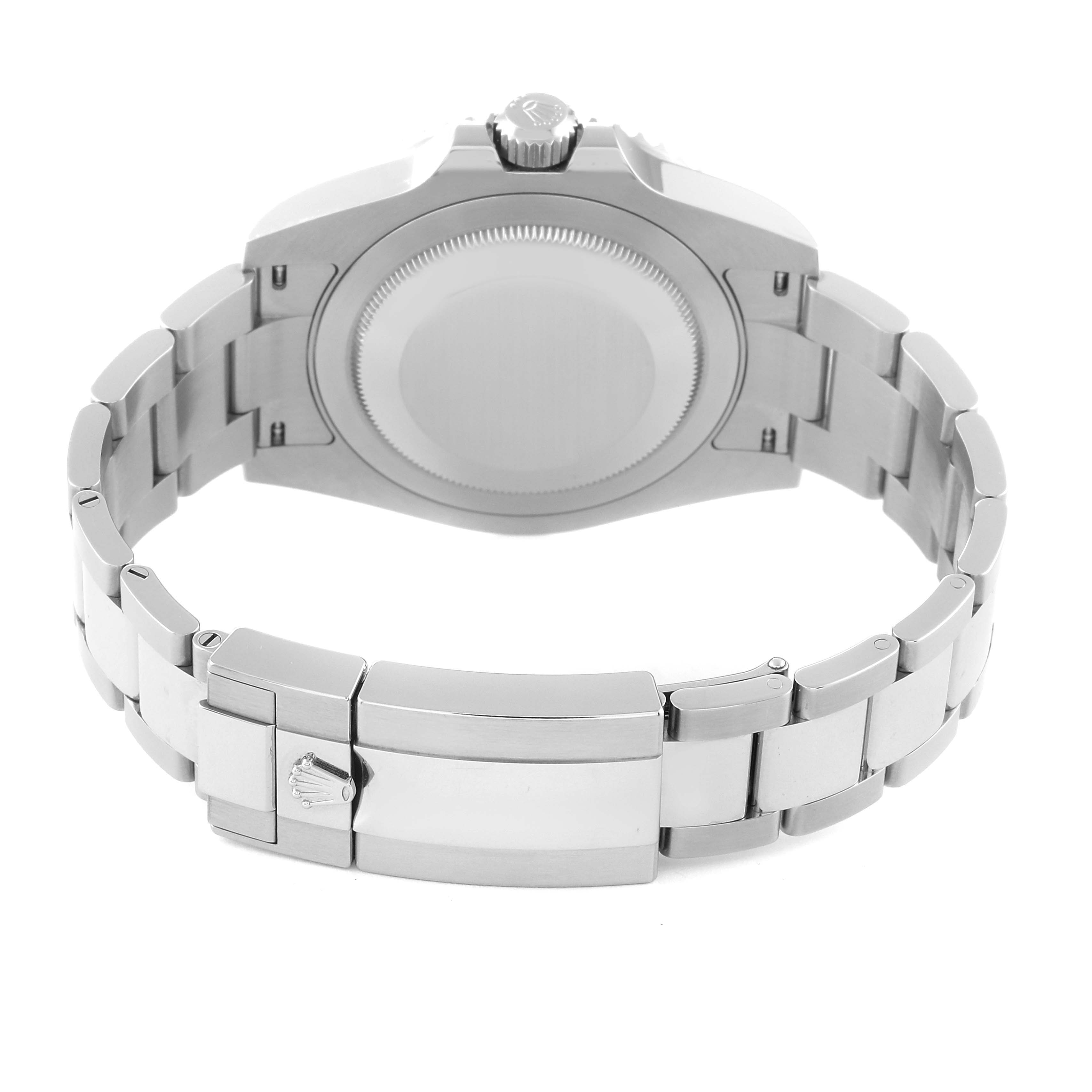 The image shows the back view of the Rolex GMT-Master 126710BLNR Men
s Stainless Steel Black Dial 126710BLNR Men
s Stainless Steel Black Dial watch, highlighting the case back, crown, and bracelet with the clasp.