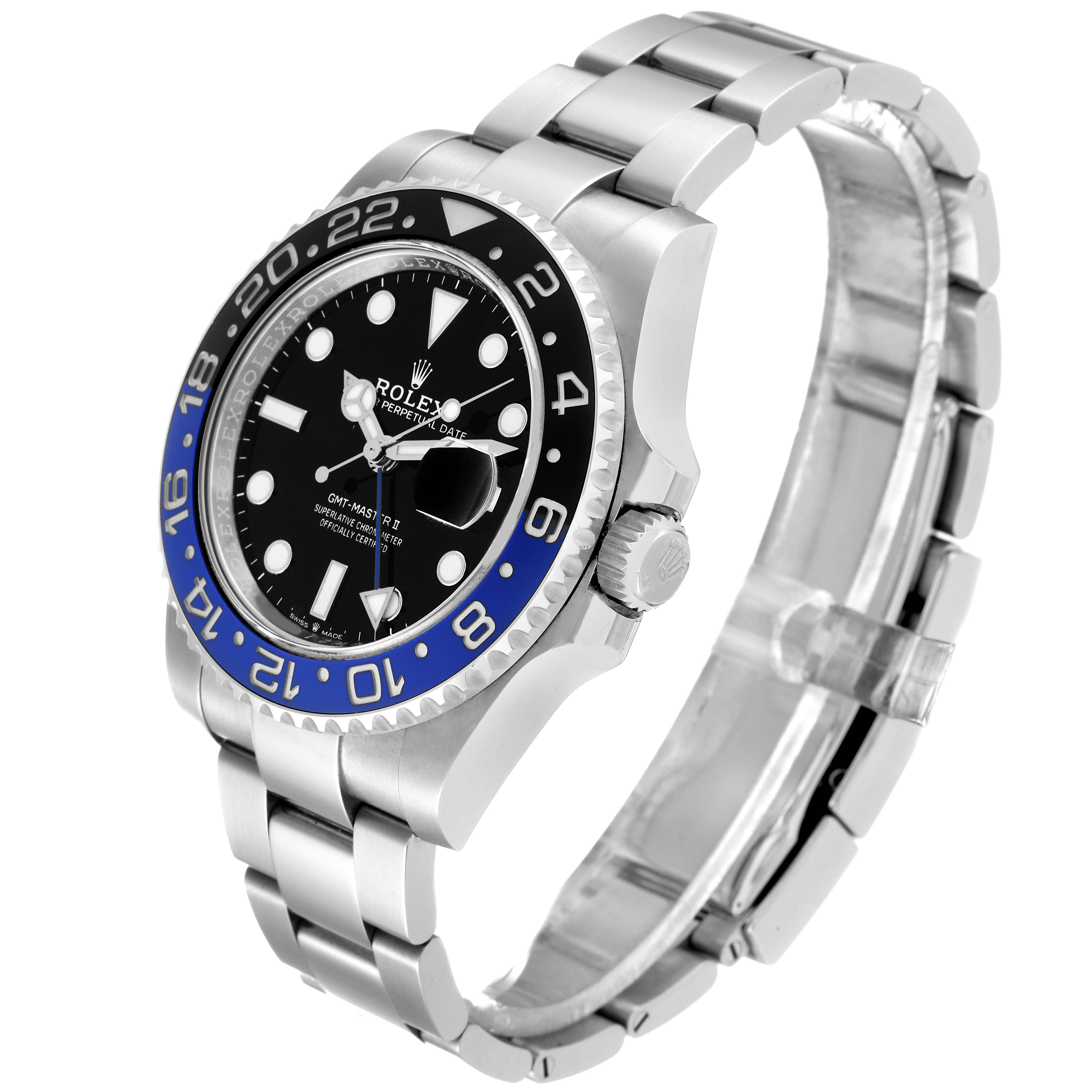 The image shows a Rolex GMT-Master 126710BLNR Men
s Stainless Steel Black Dial 126710BLNR Men
s Stainless Steel Black Dial watch at a three-quarter angle, displaying the bezel, dial, crown, and bracelet.
