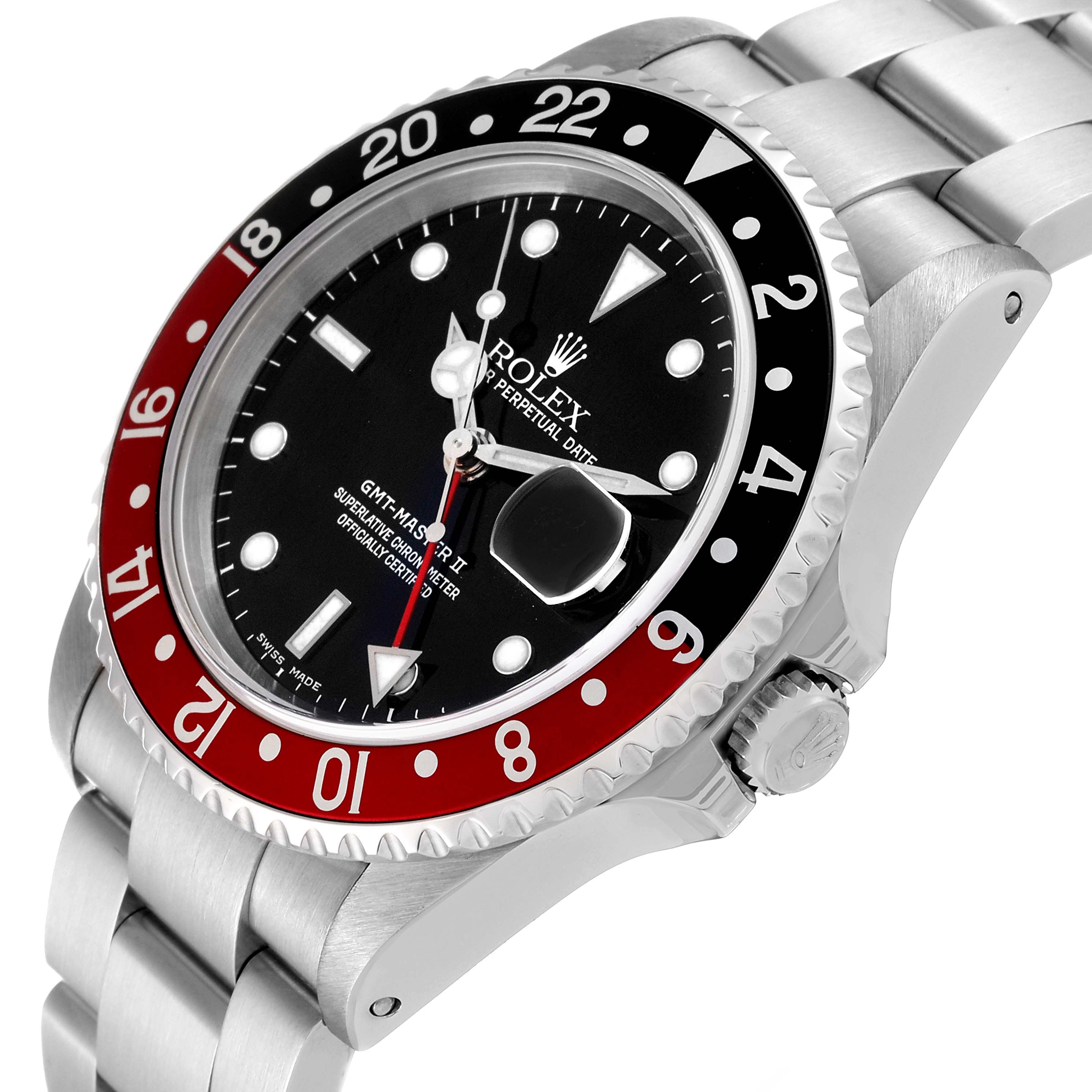 The image showcases a Rolex GMT-Master 16710 Men's Stainless Steel Black Dial 16710 Men's Stainless Steel Black Dial II watch from an angled view, highlighting its bezel, dial, crown, and bracelet.