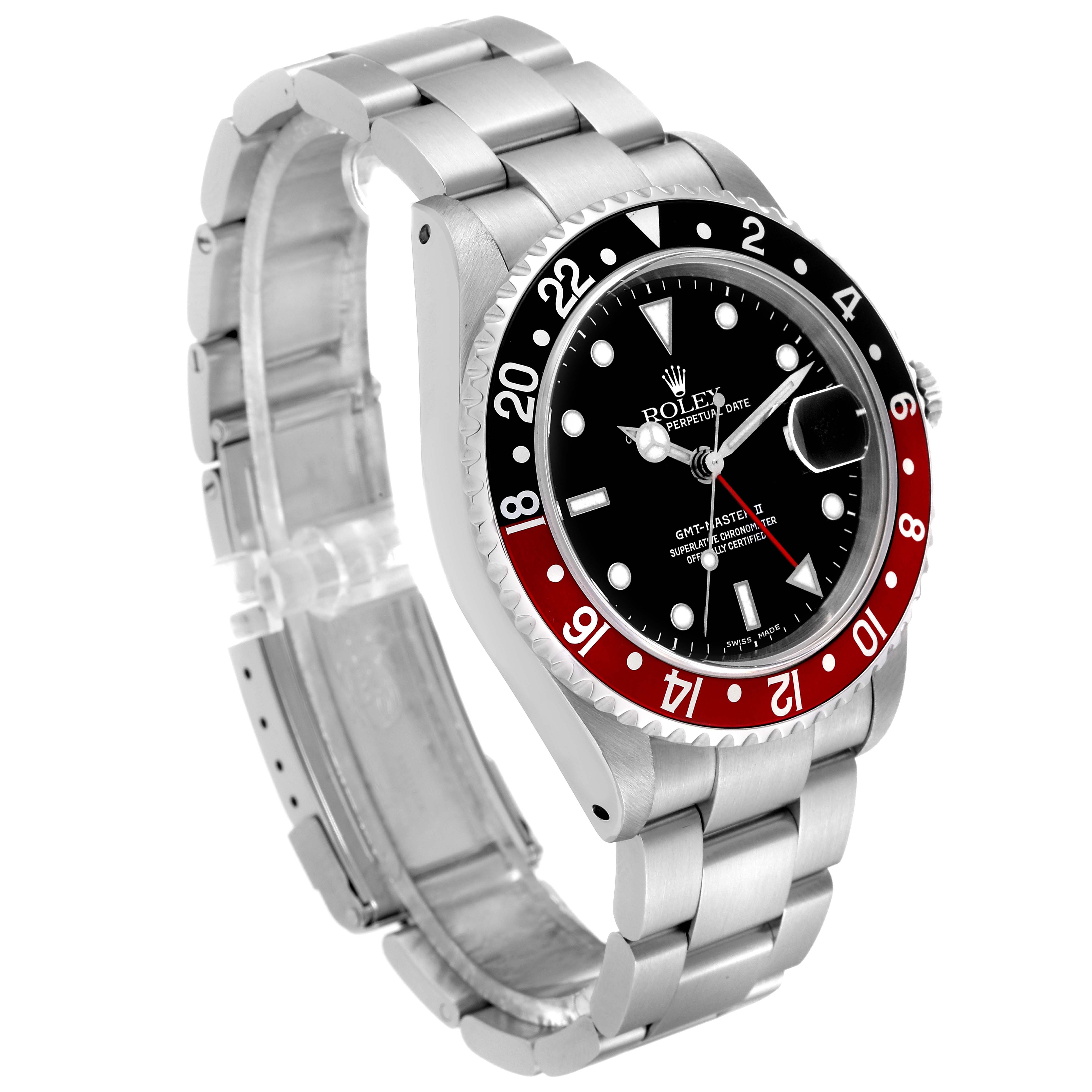 The image shows a Rolex GMT-Master 16710 Men's Stainless Steel Black Dial 16710 Men's Stainless Steel Black Dial watch angled to display the watch face, bezel, and stainless steel bracelet.