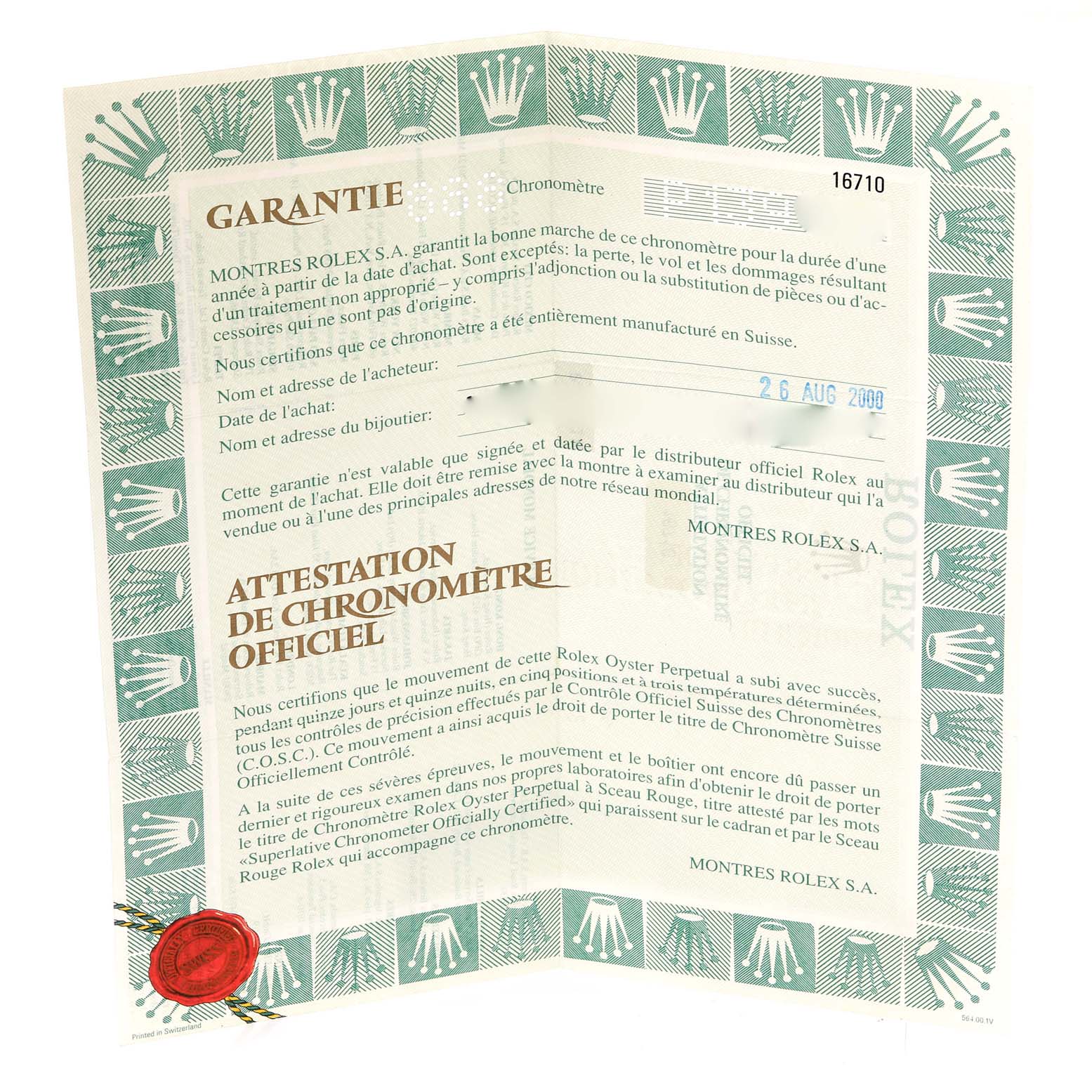 This image shows the warranty and certification papers for a Rolex GMT-Master 16710 Men's Stainless Steel Black Dial 16710 Men's Stainless Steel Black Dial model 16710 watch.