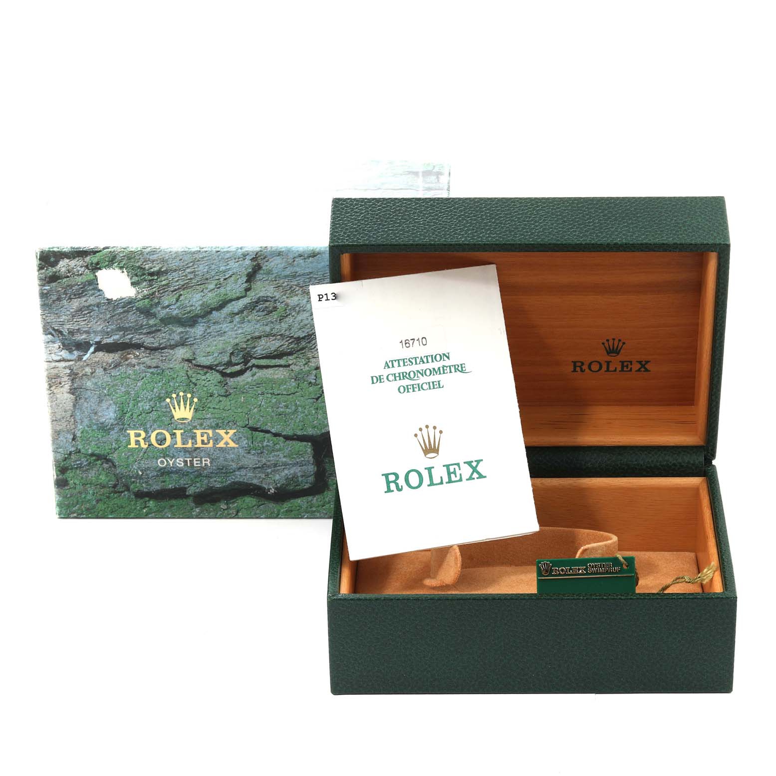 The image shows an open box, pamphlet, and accessories for a Rolex GMT-Master 16710 Men's Stainless Steel Black Dial 16710 Men's Stainless Steel Black Dial watch.