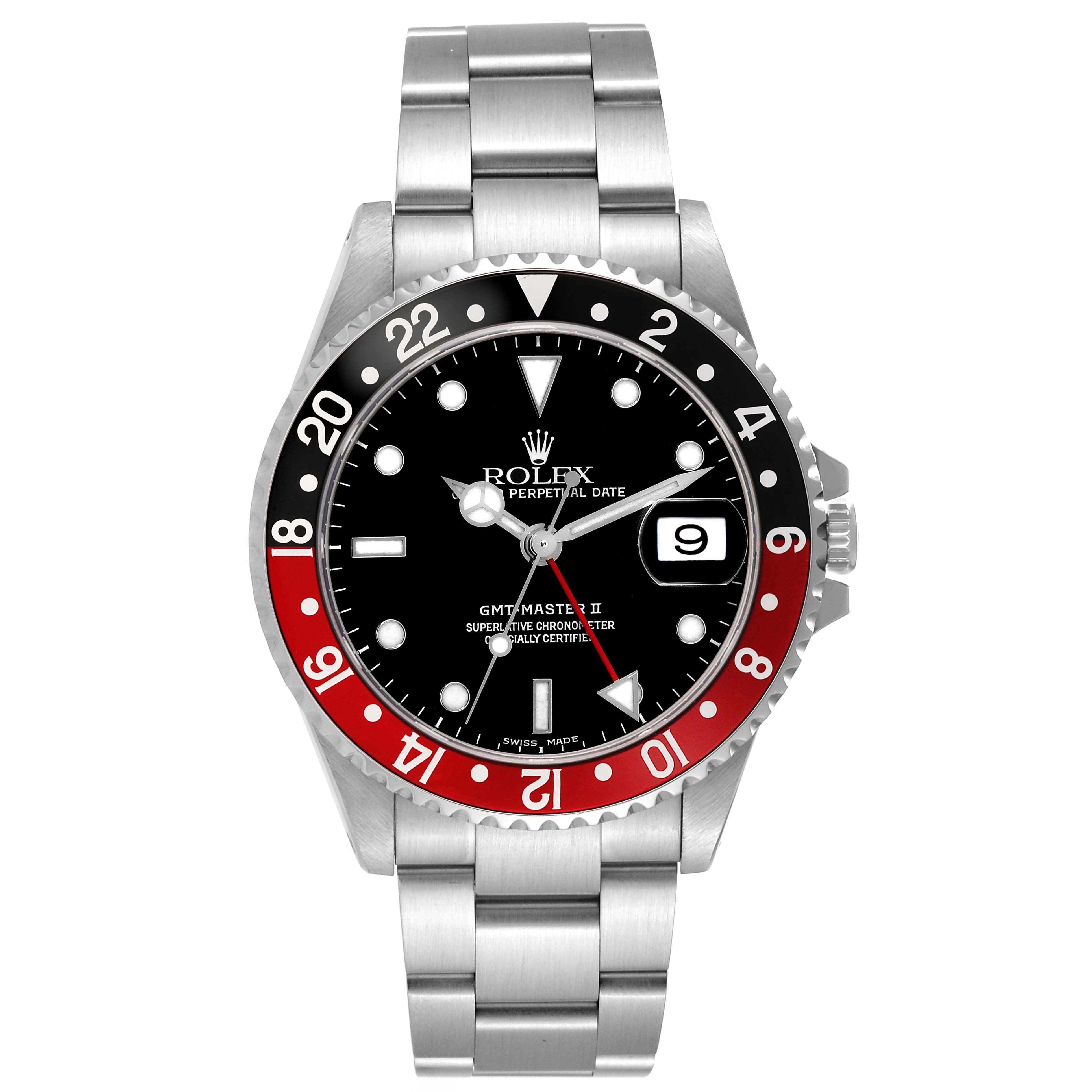 The image shows a front view of a Rolex GMT-Master 16710 Men's Stainless Steel Black Dial 16710 Men's Stainless Steel Black Dial II watch, highlighting its dial, bezel, and bracelet.