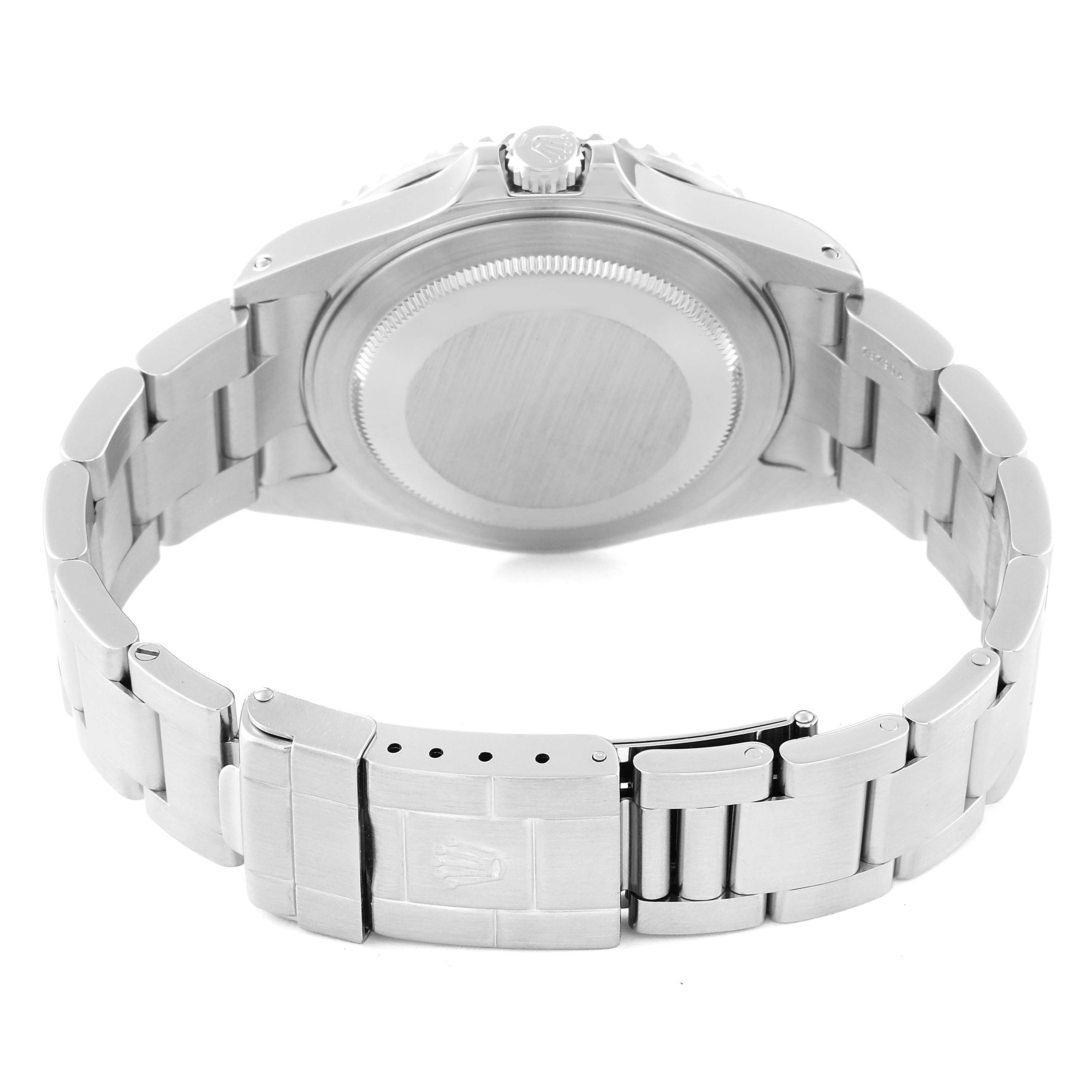 The image shows the back case, bracelet, and clasp of a Rolex GMT-Master 16710 Men's Stainless Steel Black Dial 16710 Men's Stainless Steel Black Dial watch from a rear angle.