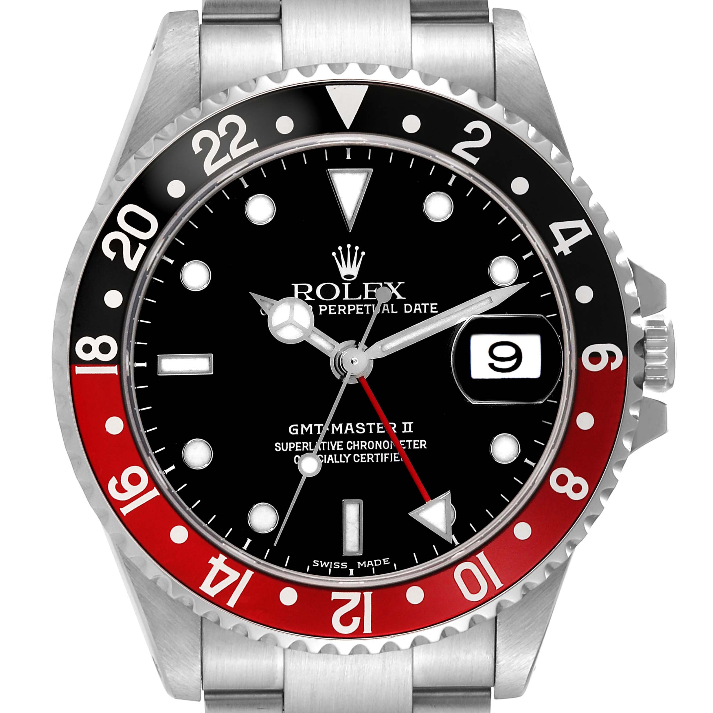 The image shows a front view of the Rolex GMT-Master 16710 Men's Stainless Steel Black Dial 16710 Men's Stainless Steel Black Dial II watch, highlighting its dial, bezel, and partial bracelet.