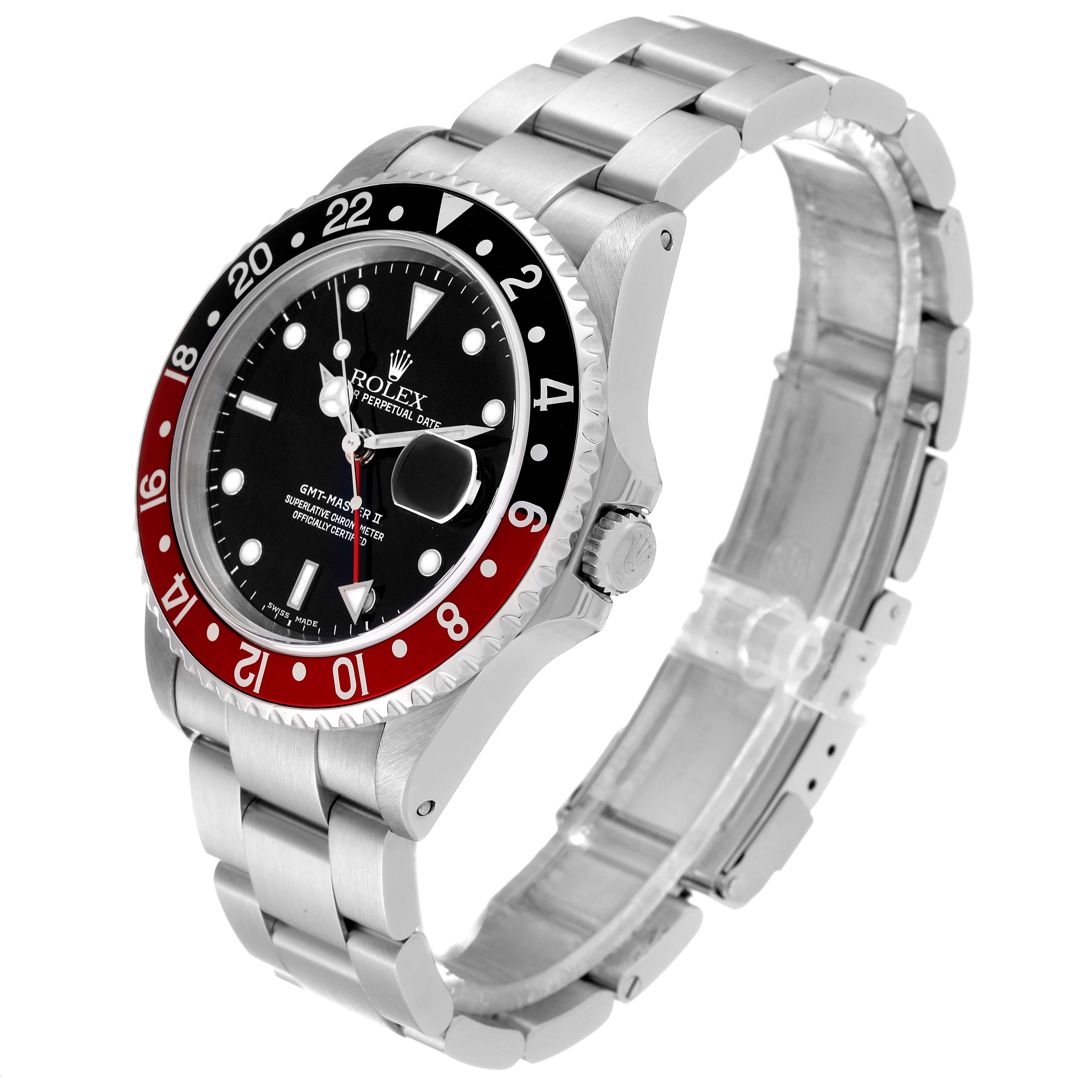 The image shows a side angle of a Rolex GMT-Master 16710 Men's Stainless Steel Black Dial 16710 Men's Stainless Steel Black Dial II watch, highlighting the bezel, dial, crown, and bracelet.