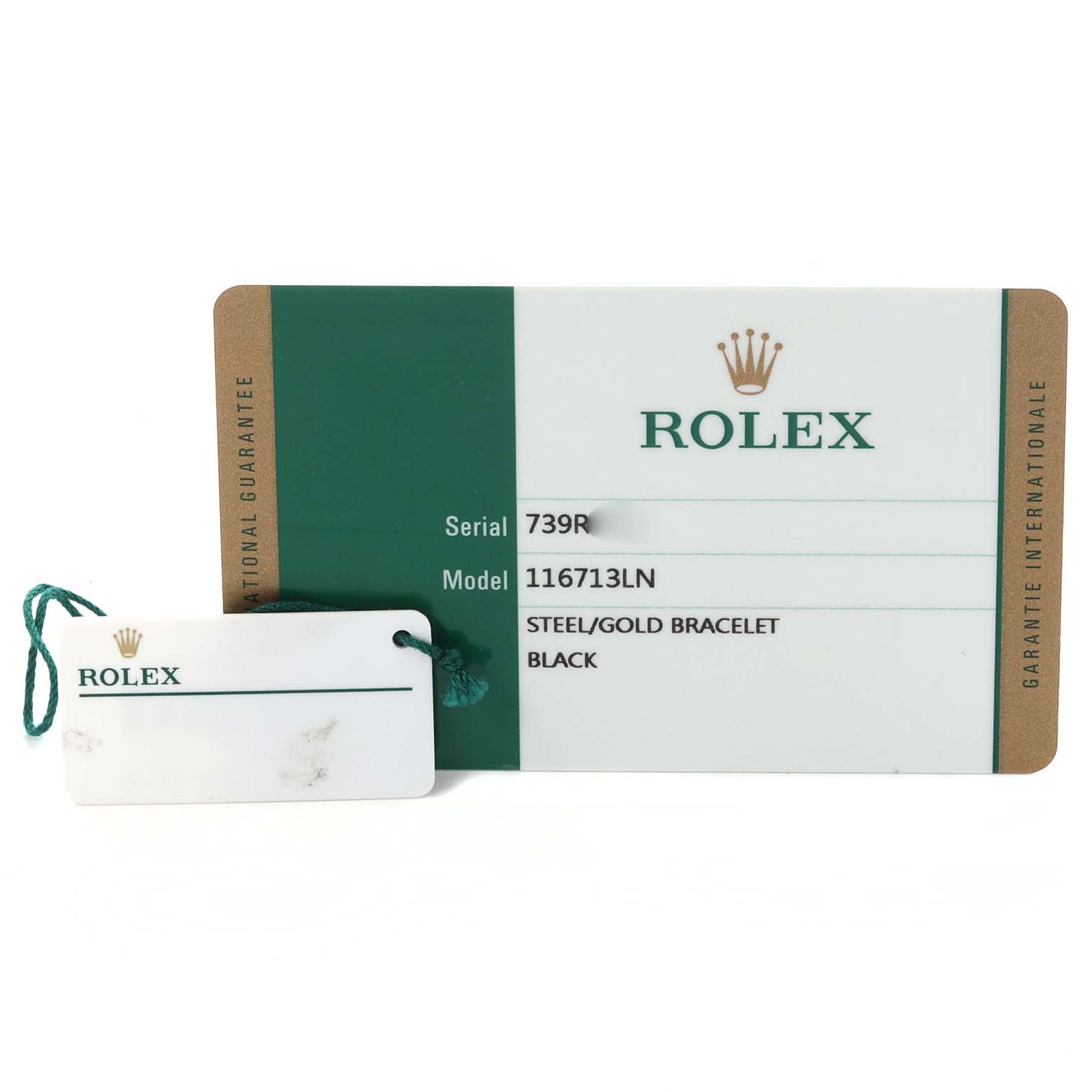 This image shows the warranty card and tag for a Rolex GMT-Master 116713LN Men's Steel and Gold (two tone) Black Dial 116713LN Men's Steel and Gold (two tone) Black Dial model 116713LN.