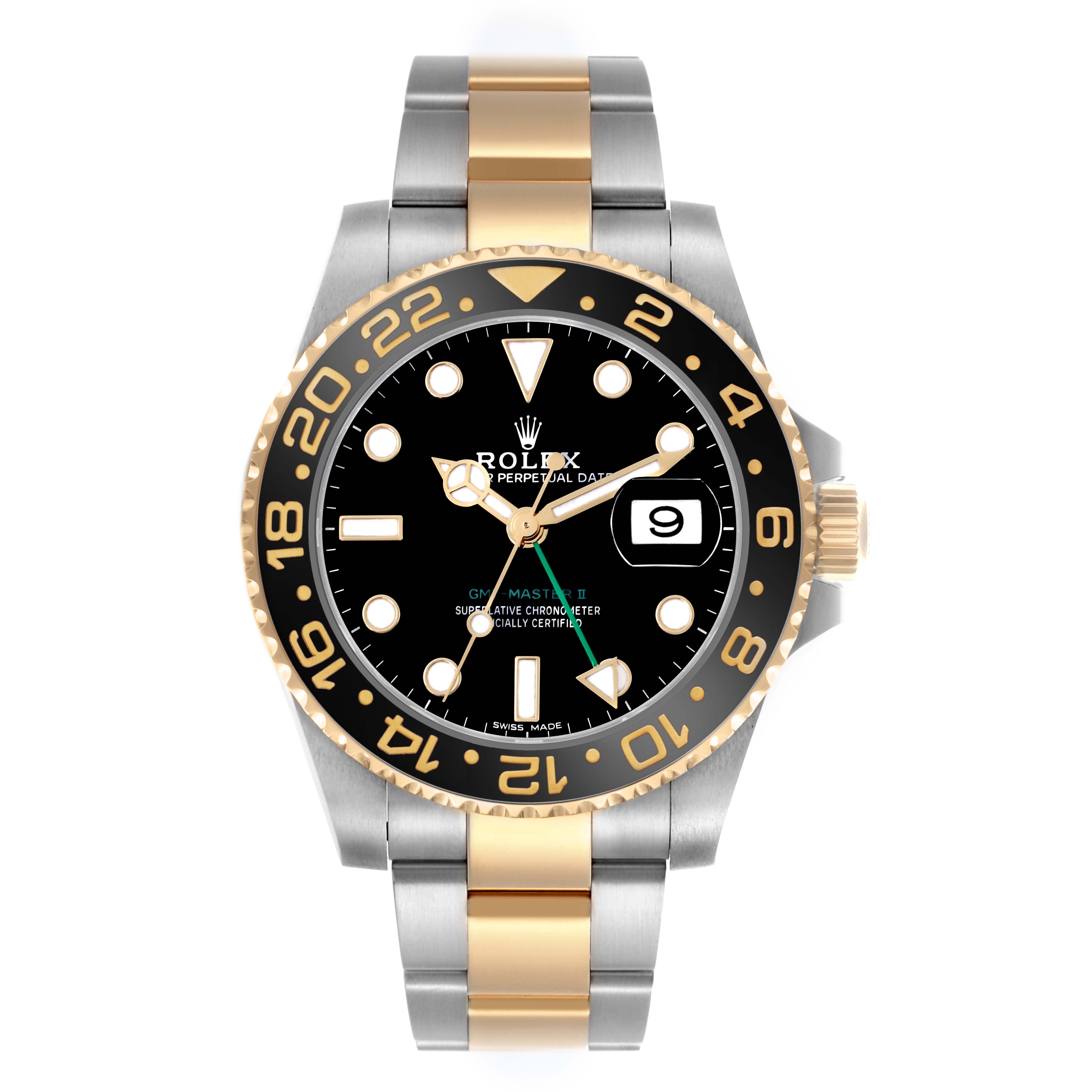 The image shows a front view of the Rolex GMT-Master 116713LN Men's Steel and Gold (two tone) Black Dial 116713LN Men's Steel and Gold (two tone) Black Dial watch, highlighting its black dial, two-tone bezel, and metal bracelet.