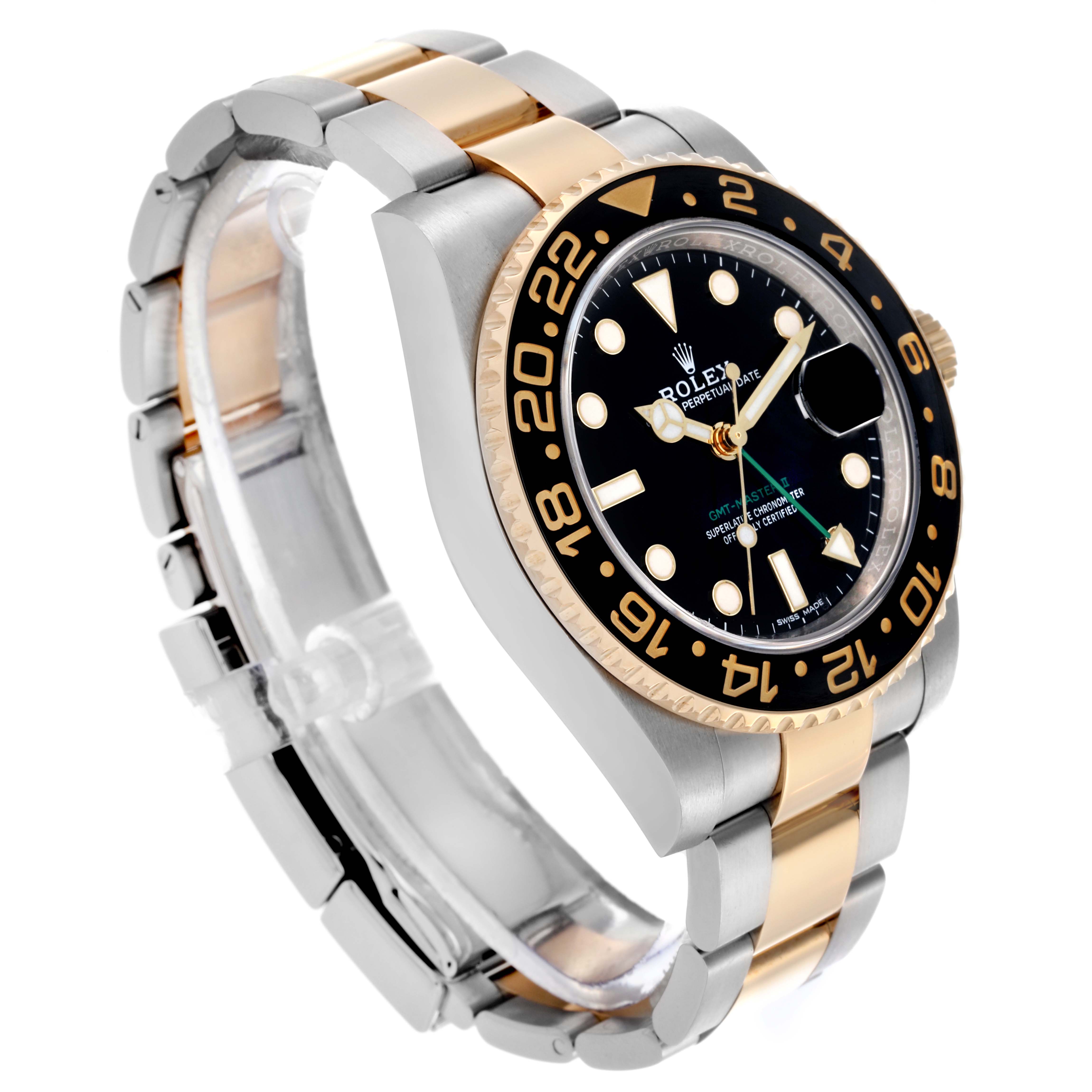 The image shows a Rolex GMT-Master 116713LN Men's Steel and Gold (two tone) Black Dial 116713LN Men's Steel and Gold (two tone) Black Dial at a three-quarter angle, highlighting the case, bezel, dial, and bracelet.
