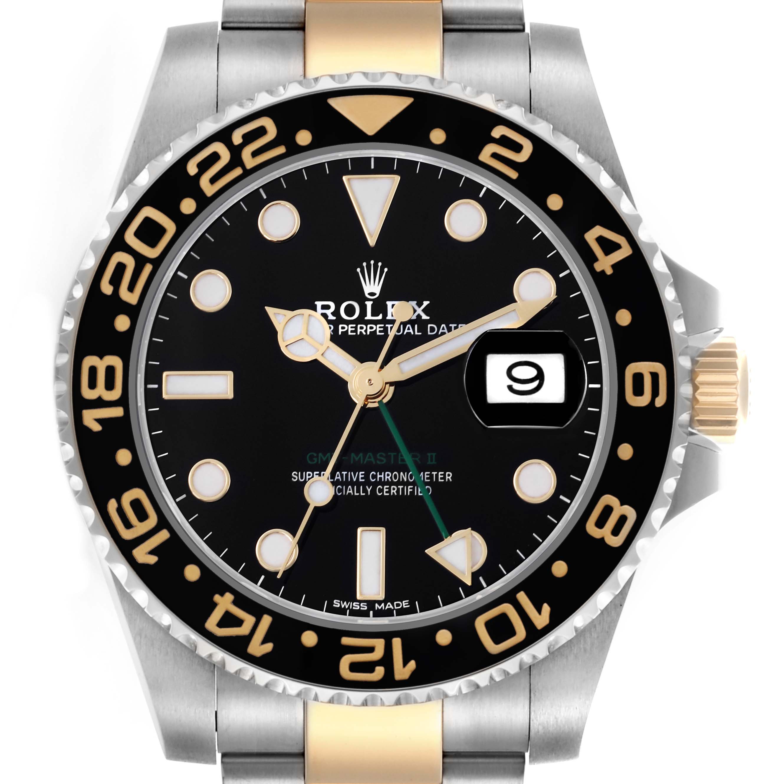 This image shows a front view of the Rolex GMT-Master 116713LN Men's Steel and Gold (two tone) Black Dial 116713LN Men's Steel and Gold (two tone) Black Dial II, highlighting the bezel, dial, hands, and date window.