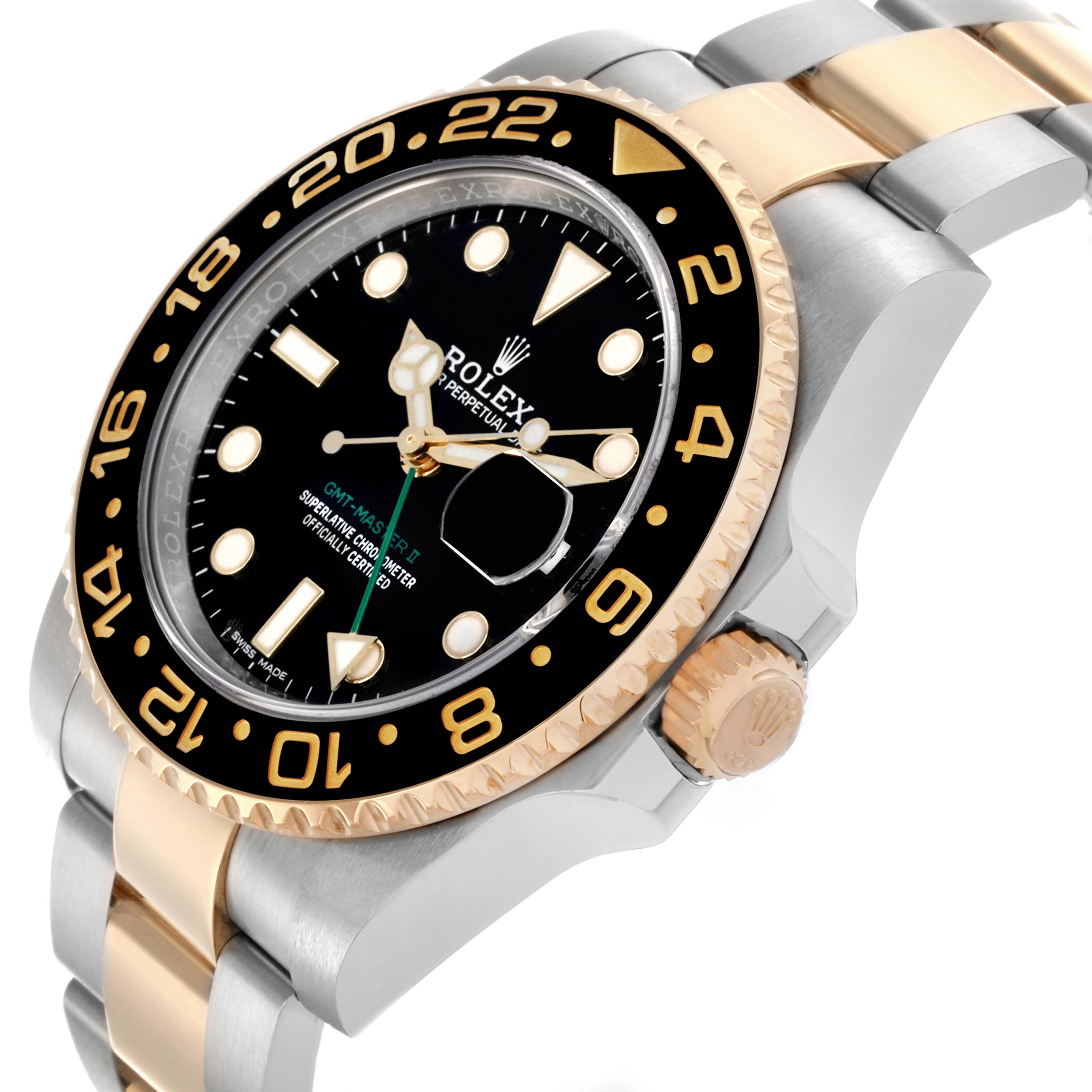 The Rolex GMT-Master 116713LN Men's Steel and Gold (two tone) Black Dial 116713LN Men's Steel and Gold (two tone) Black Dial watch is shown at an angled view, highlighting the bezel, crown, and bracelet.