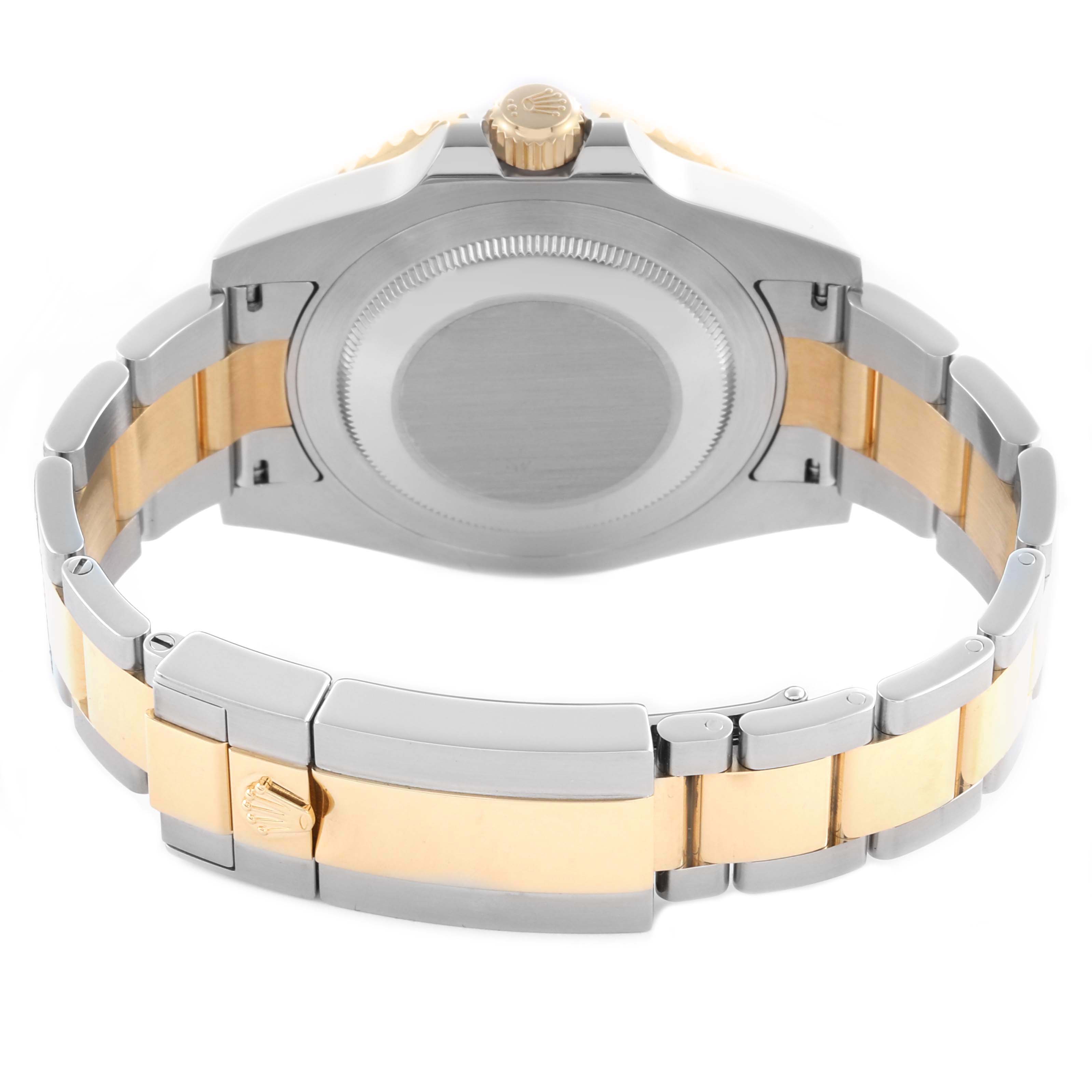 The image shows the back view of a Rolex GMT-Master 116713LN Men's Steel and Gold (two tone) Black Dial 116713LN Men's Steel and Gold (two tone) Black Dial watch, focusing on the case back and two-tone bracelet.