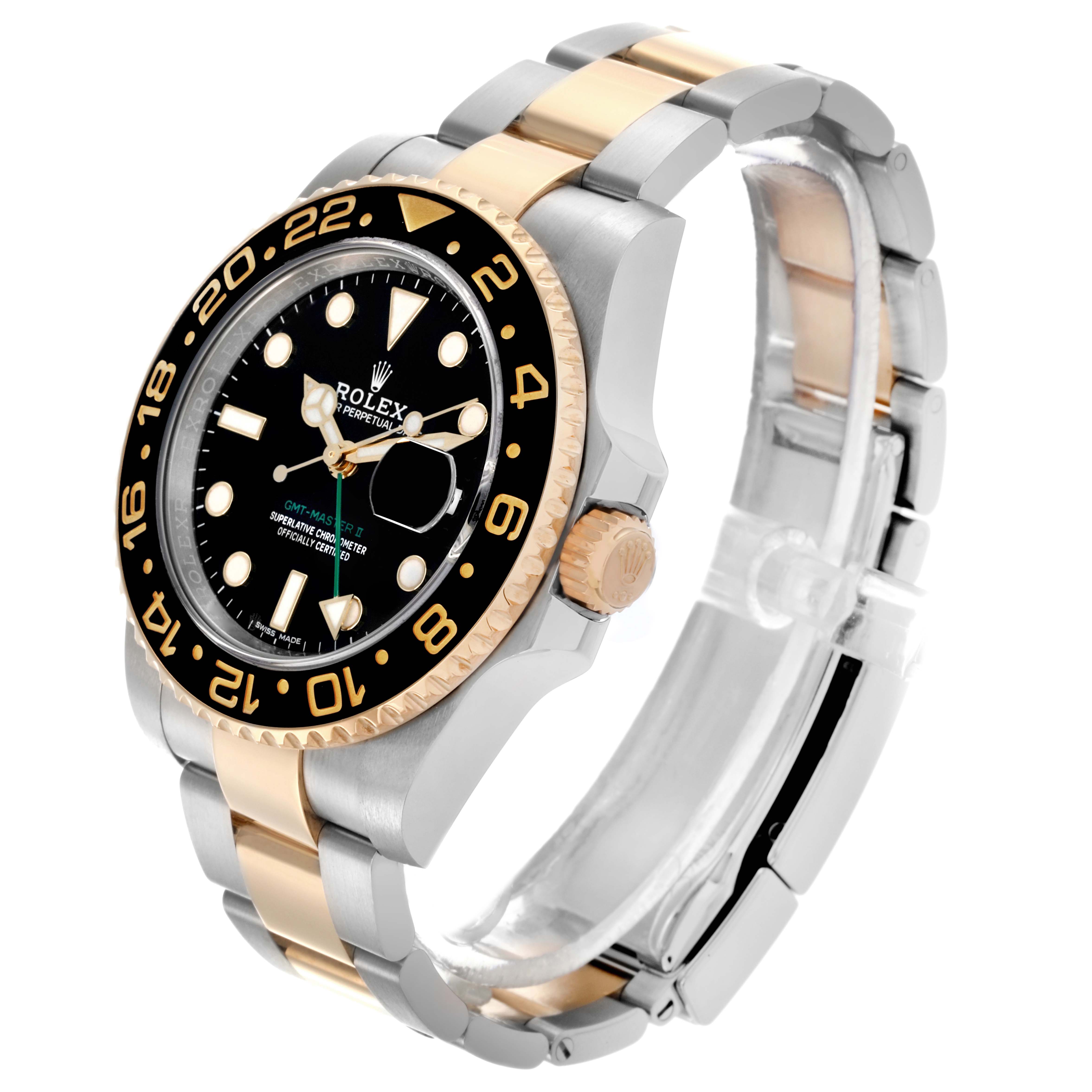 The Rolex GMT-Master 116713LN Men's Steel and Gold (two tone) Black Dial 116713LN Men's Steel and Gold (two tone) Black Dial watch is shown at an angle displaying the dial, bezel, case, and part of the bracelet.