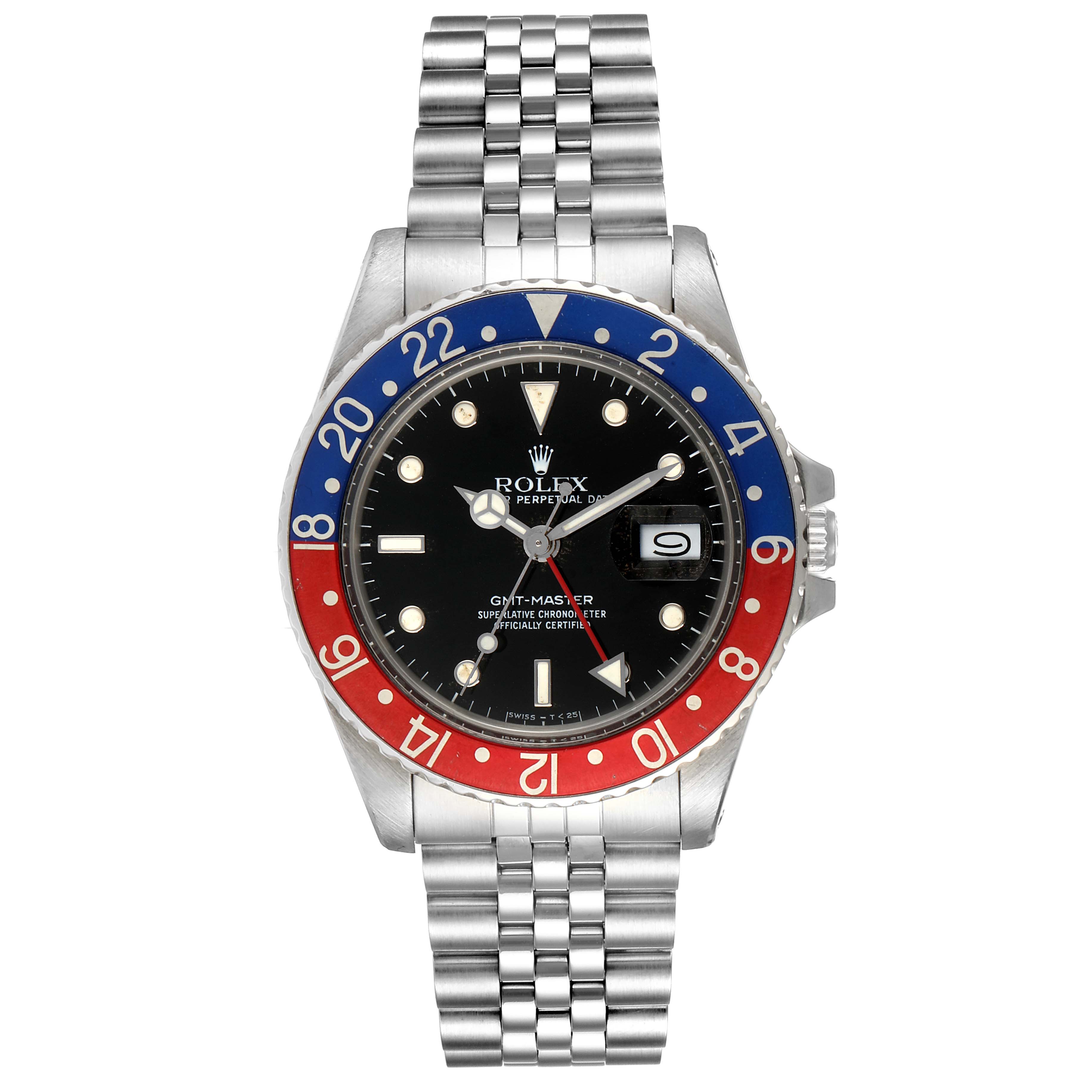 The image shows a front view of the Rolex Vintage Collection 16750 Men's Stainless Steel Black Dial 16750 Men's Stainless Steel Black Dial GMT-Master watch, displaying its dial, bezel, and bracelet.