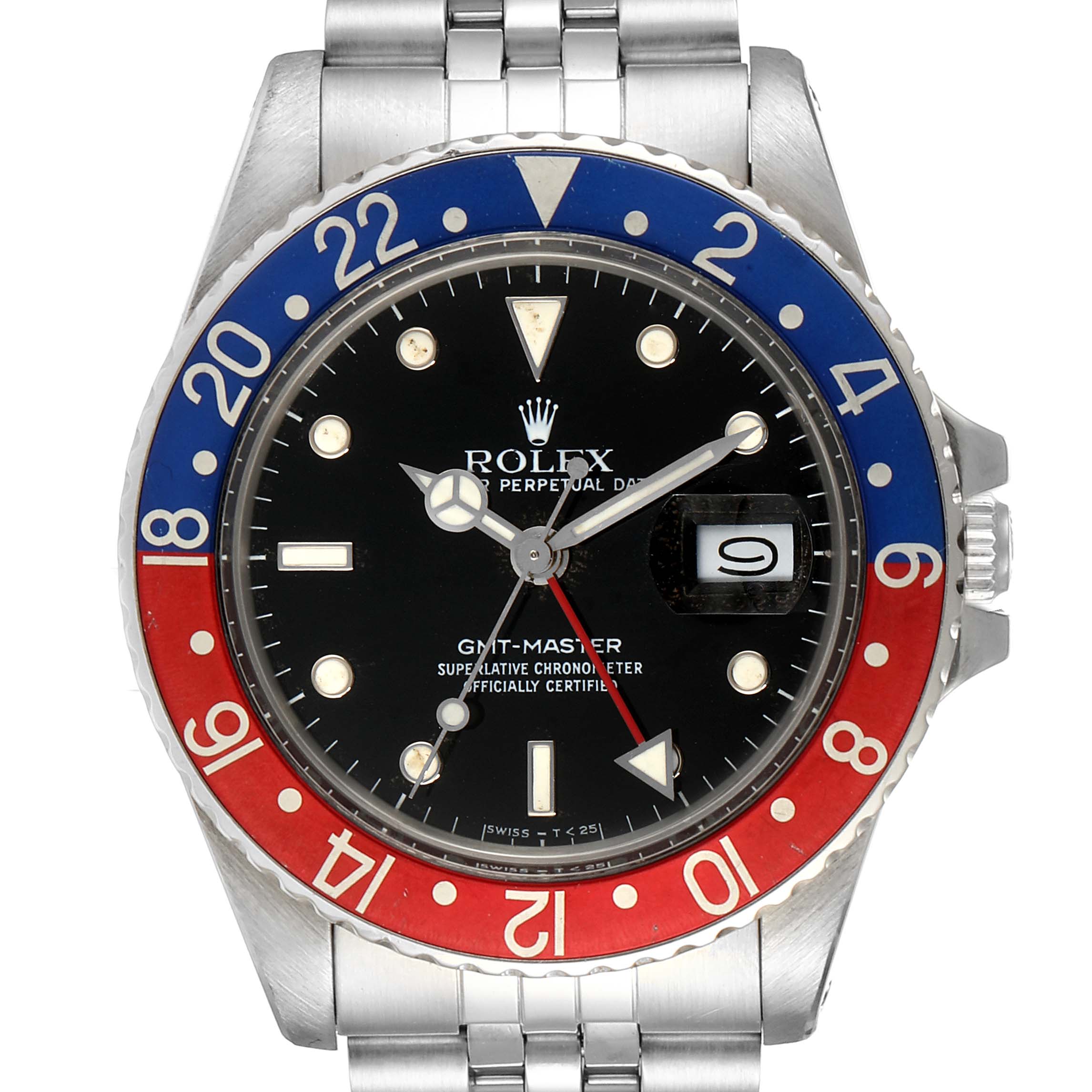 The Rolex Vintage Collection 16750 Men's Stainless Steel Black Dial 16750 Men's Stainless Steel Black Dial GMT-Master watch is shown from a front angle, displaying its bezel, dial, and bracelet.