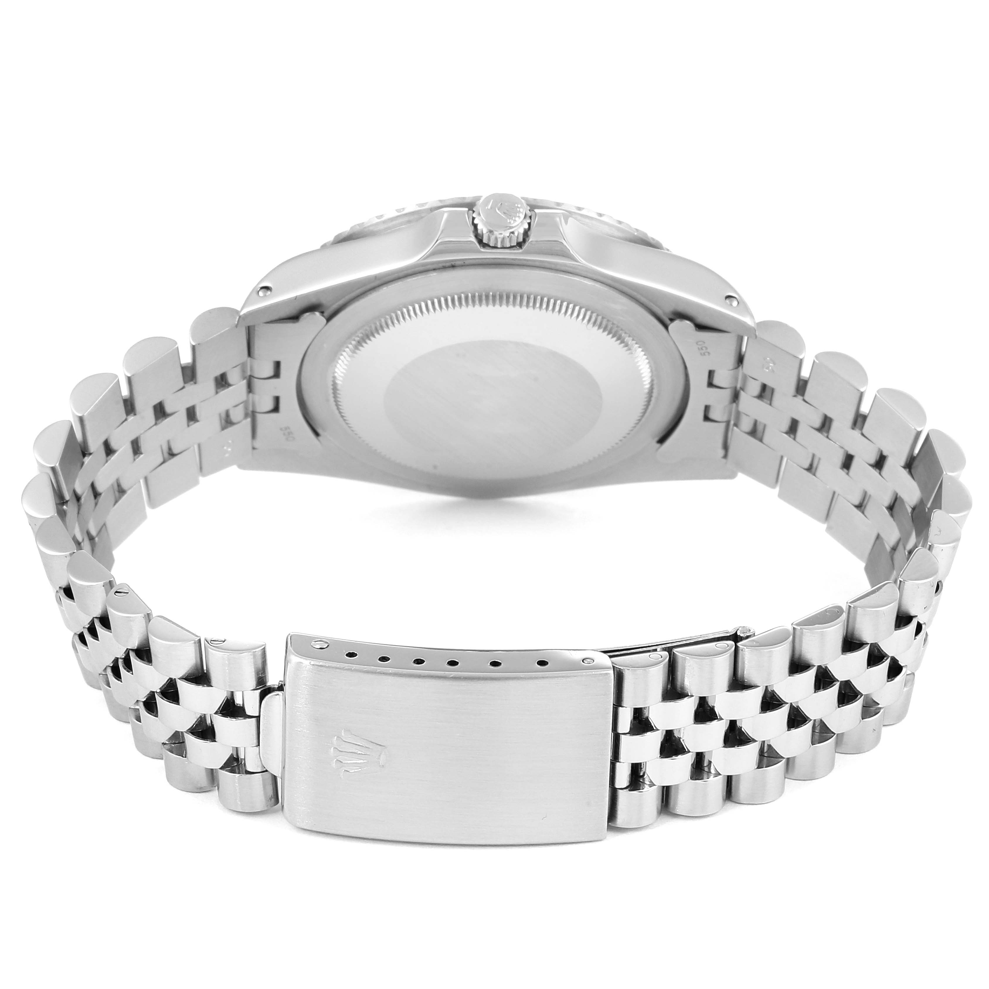 This image shows the back view of the Rolex Vintage Collection 16750 Men's Stainless Steel Black Dial 16750 Men's Stainless Steel Black Dial watch, highlighting its case back and metal bracelet with a clasp.