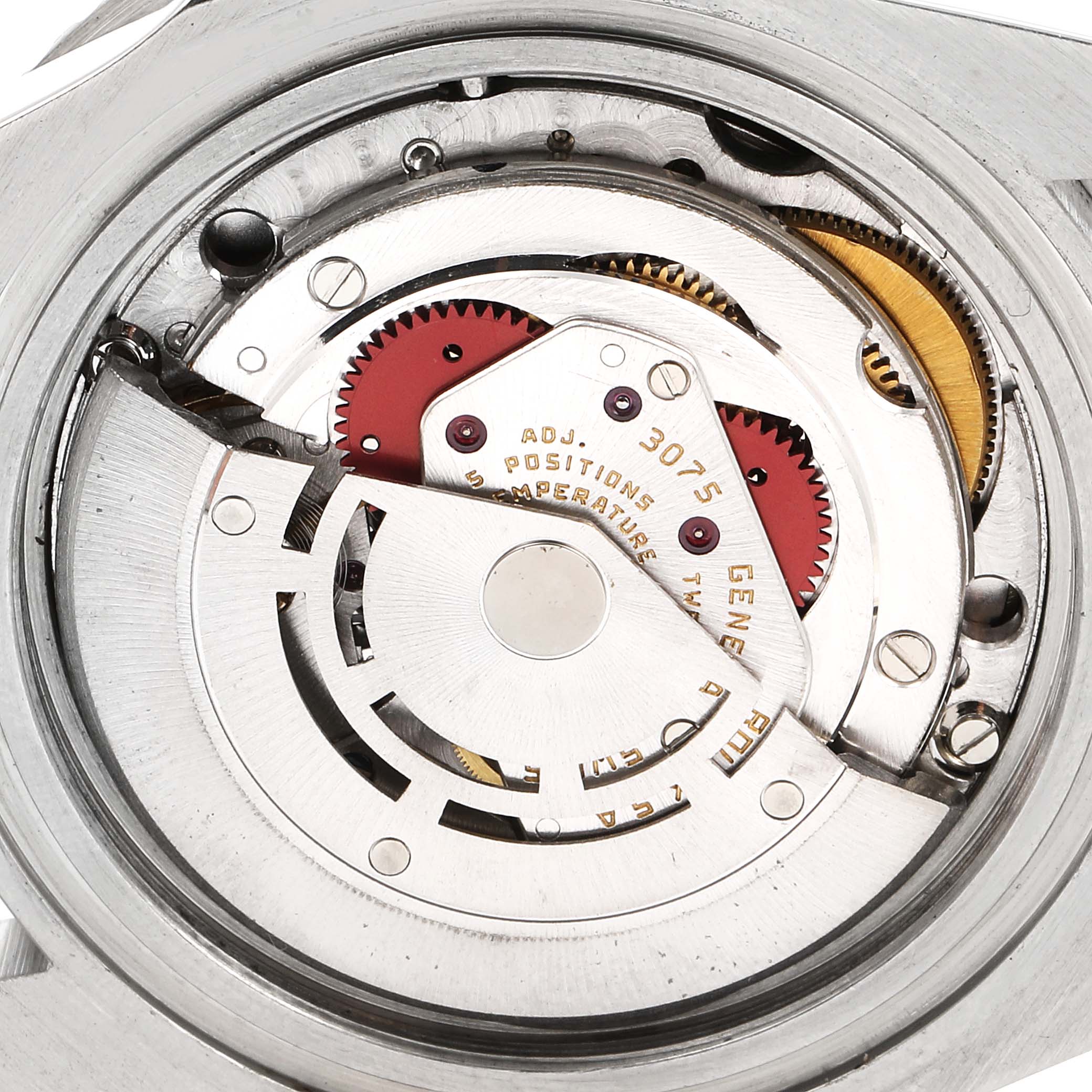 The image shows the internal mechanical movement components of the Rolex Vintage Collection 16750 Men's Stainless Steel Black Dial 16750 Men's Stainless Steel Black Dial watch from a close-up, top-down angle.