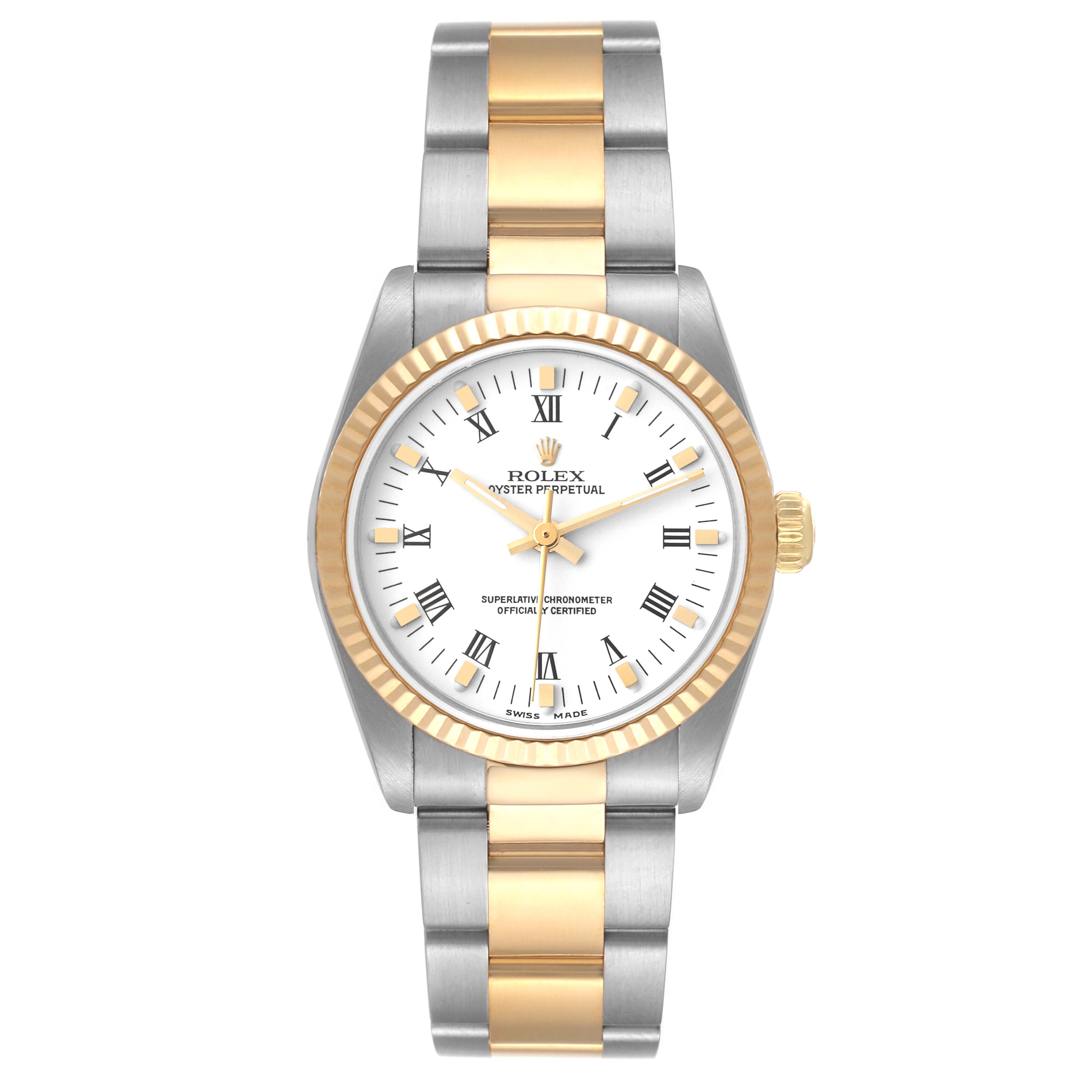 This image shows a front view of a Mid-Size Rolex Oyster Perpetual watch displaying its face and bracelet.