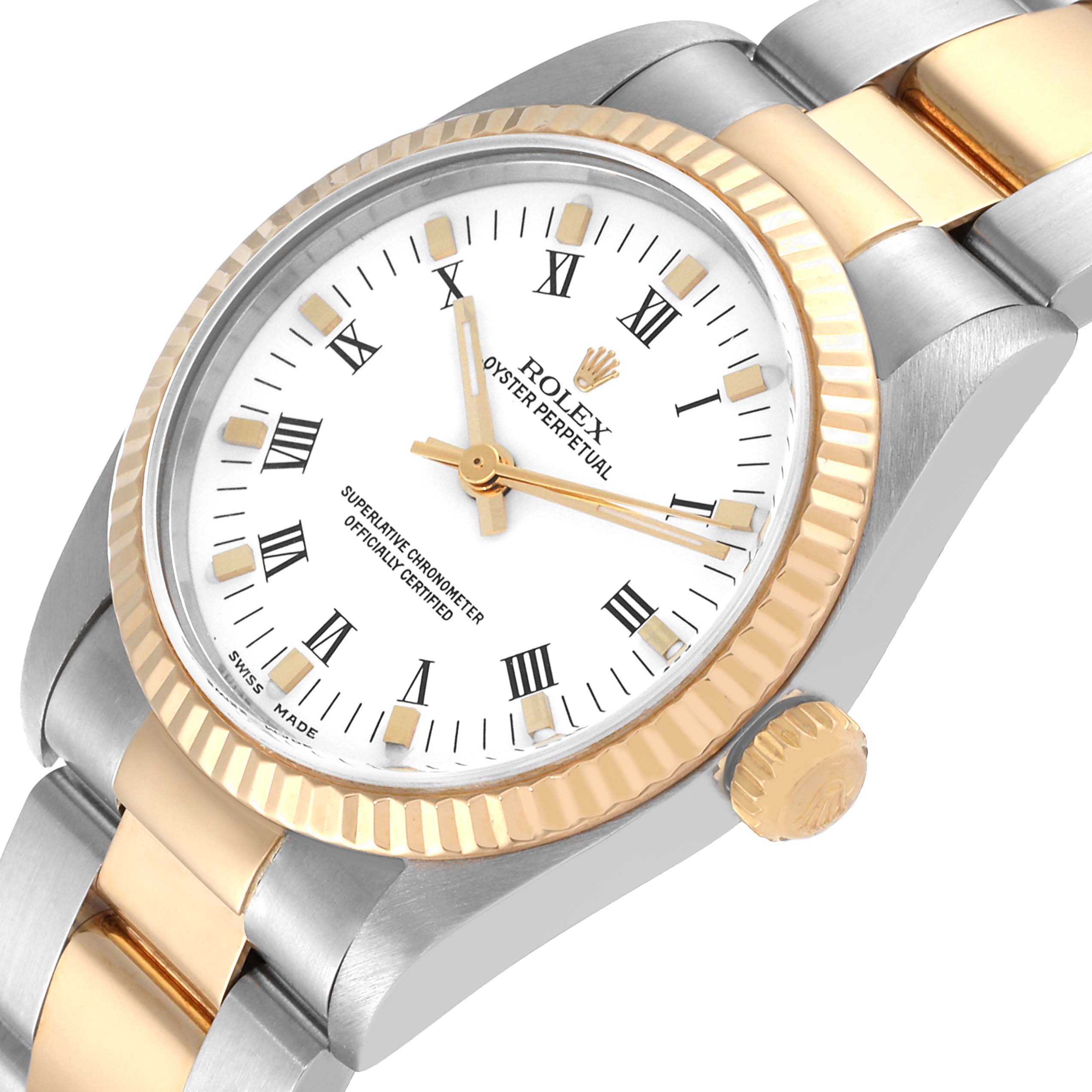 The image shows the dial, bezel, crown, and part of the bracelet of a Rolex Oyster Perpetual Mid-Size watch at an oblique angle.