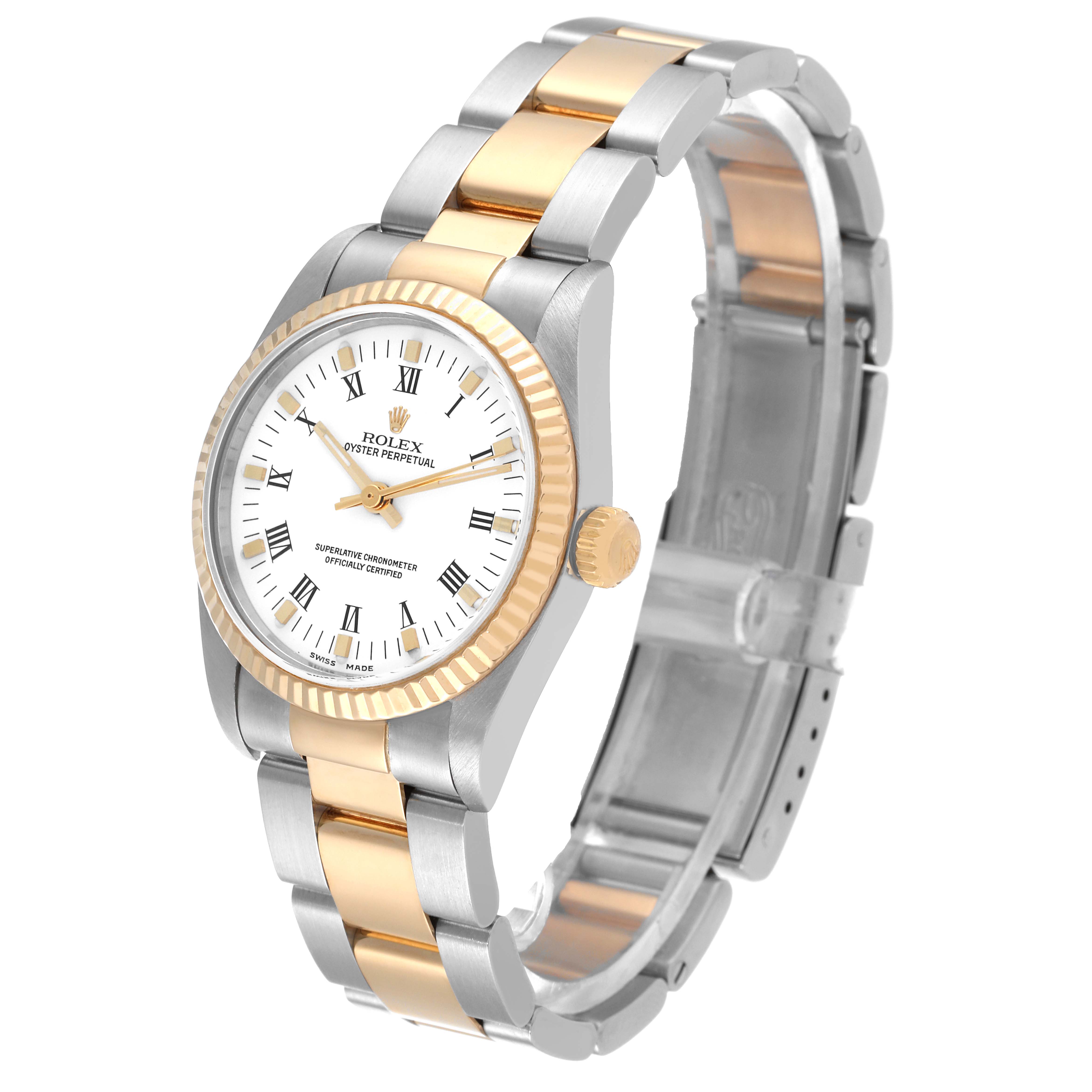 The image shows a front angled view of a Mid-Size Rolex Oyster Perpetual watch, featuring a two-tone bracelet and fluted bezel.