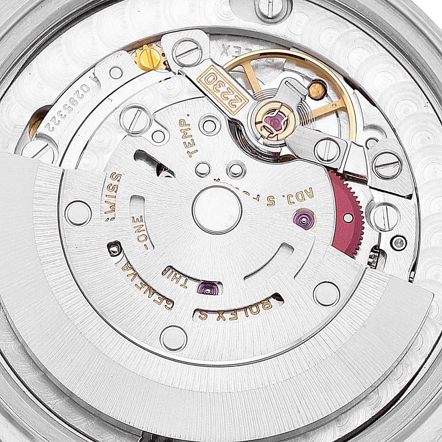 Close-up view of the Rolex Mid-Size 77513 Women
s Steel and Gold (two tone) White Dial 77513 Women
s Steel and Gold (two tone) White Dial model showing the intricate internal mechanical components.