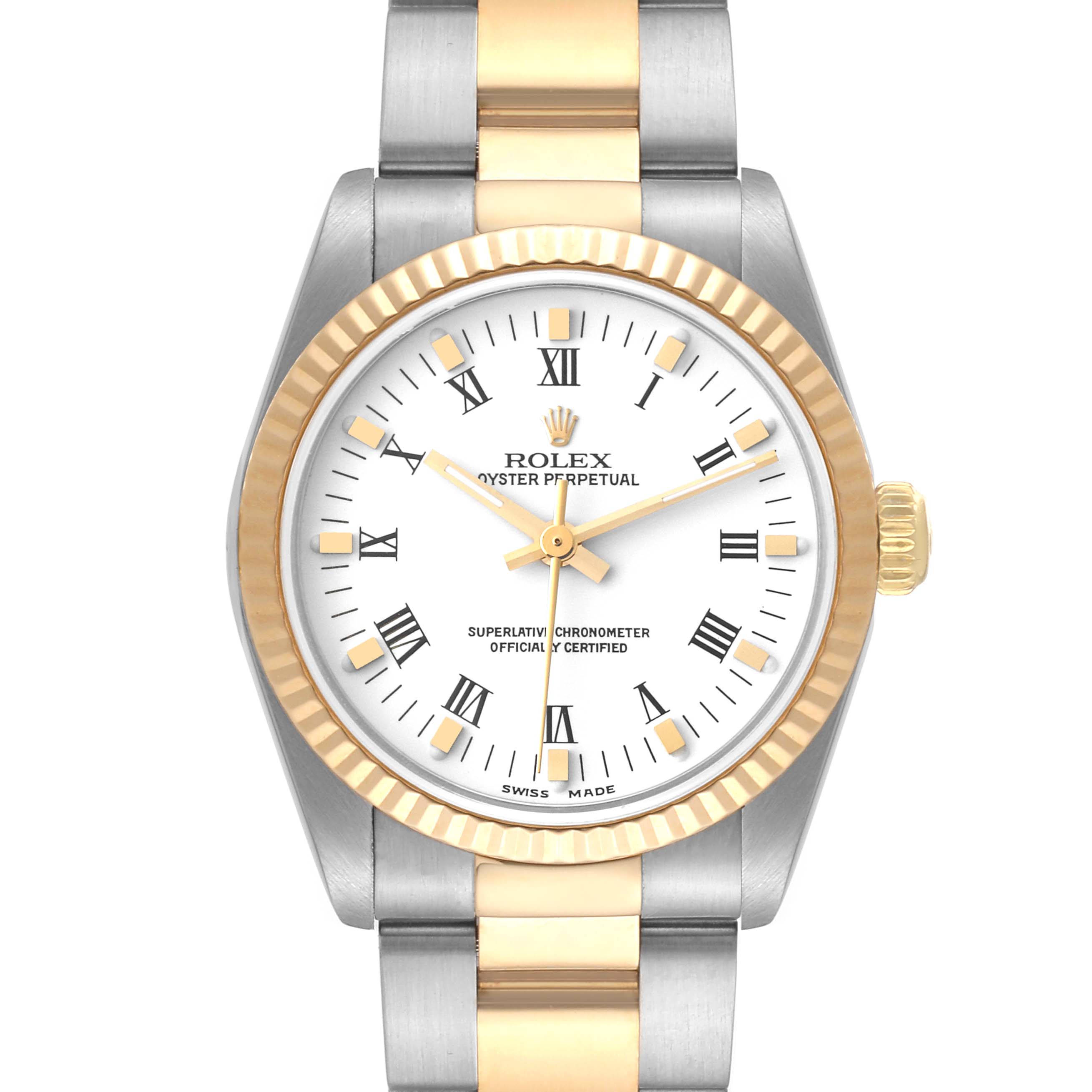 The image shows a front view of a Rolex Oyster Perpetual Mid-Size watch with a white dial and two-tone bracelet.