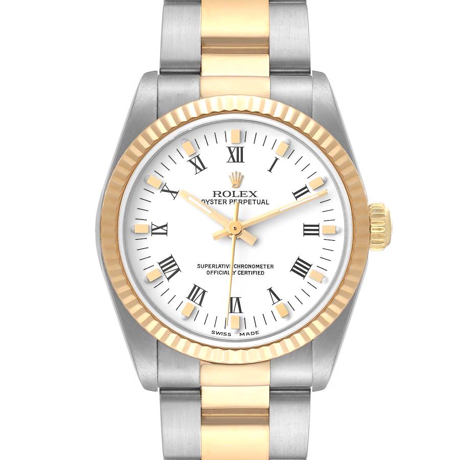 Rolex Midsize Yellow Gold Steel White Roman Dial Ladies Watch 77513 Papers SwissWatchExpo
