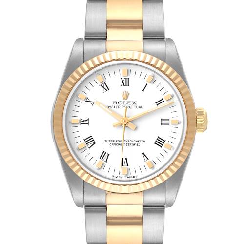 Photo of Rolex Midsize Yellow Gold Steel White Roman Dial Ladies Watch 77513 Papers