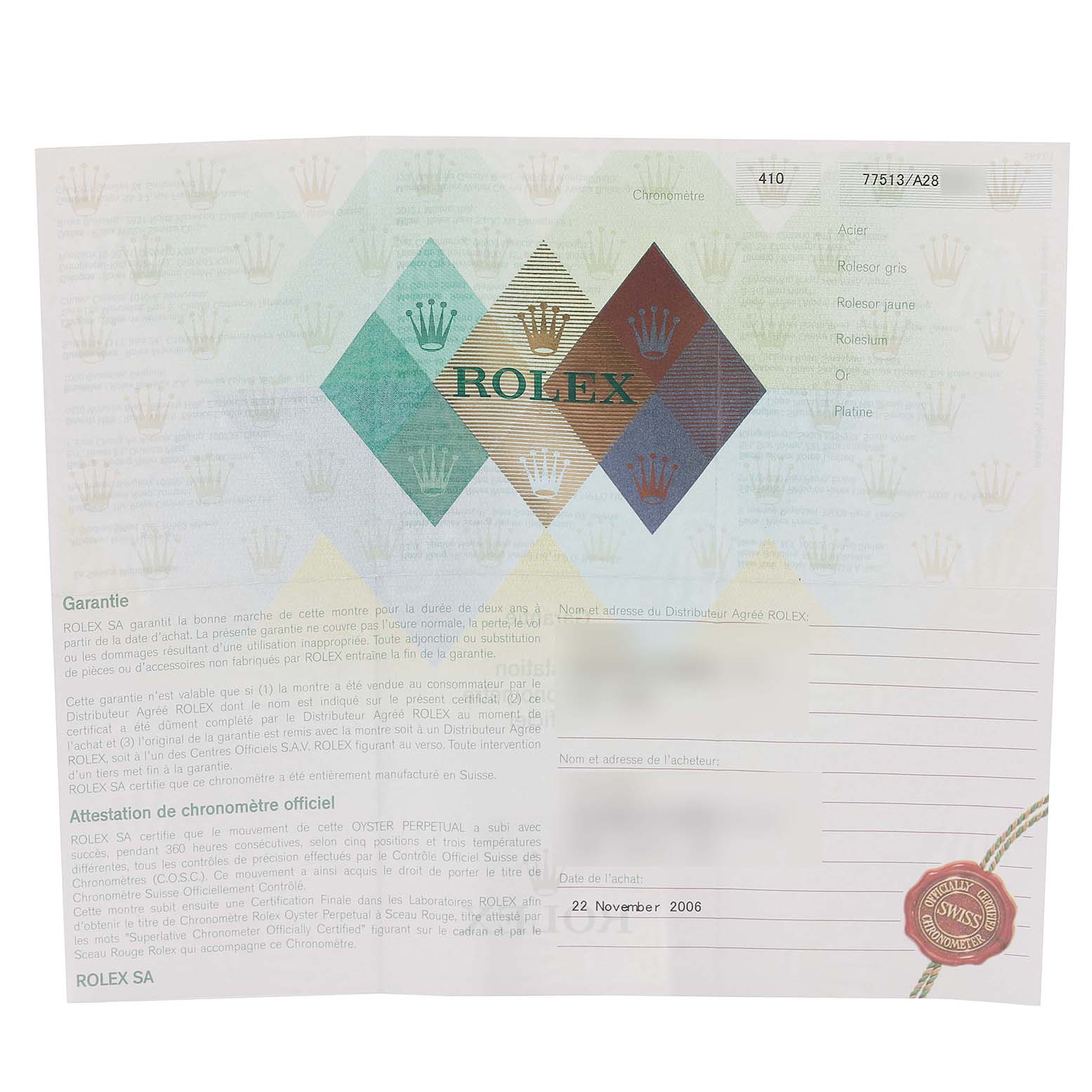 This image shows the warranty certificate for a Rolex Mid-Size 77513 Women
s Steel and Gold (two tone) White Dial 77513 Women
s Steel and Gold (two tone) White Dial model watch.