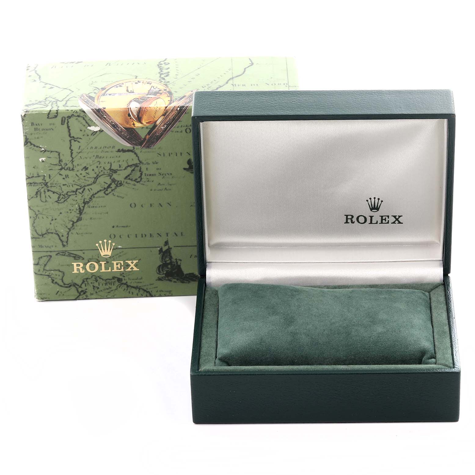 The image shows a Rolex Oyster Perpetual 76094 Women's Stainless Steel Black Dial 76094 Women's Stainless Steel Black Dial watch box and outer packaging, with both open and displaying their interior.