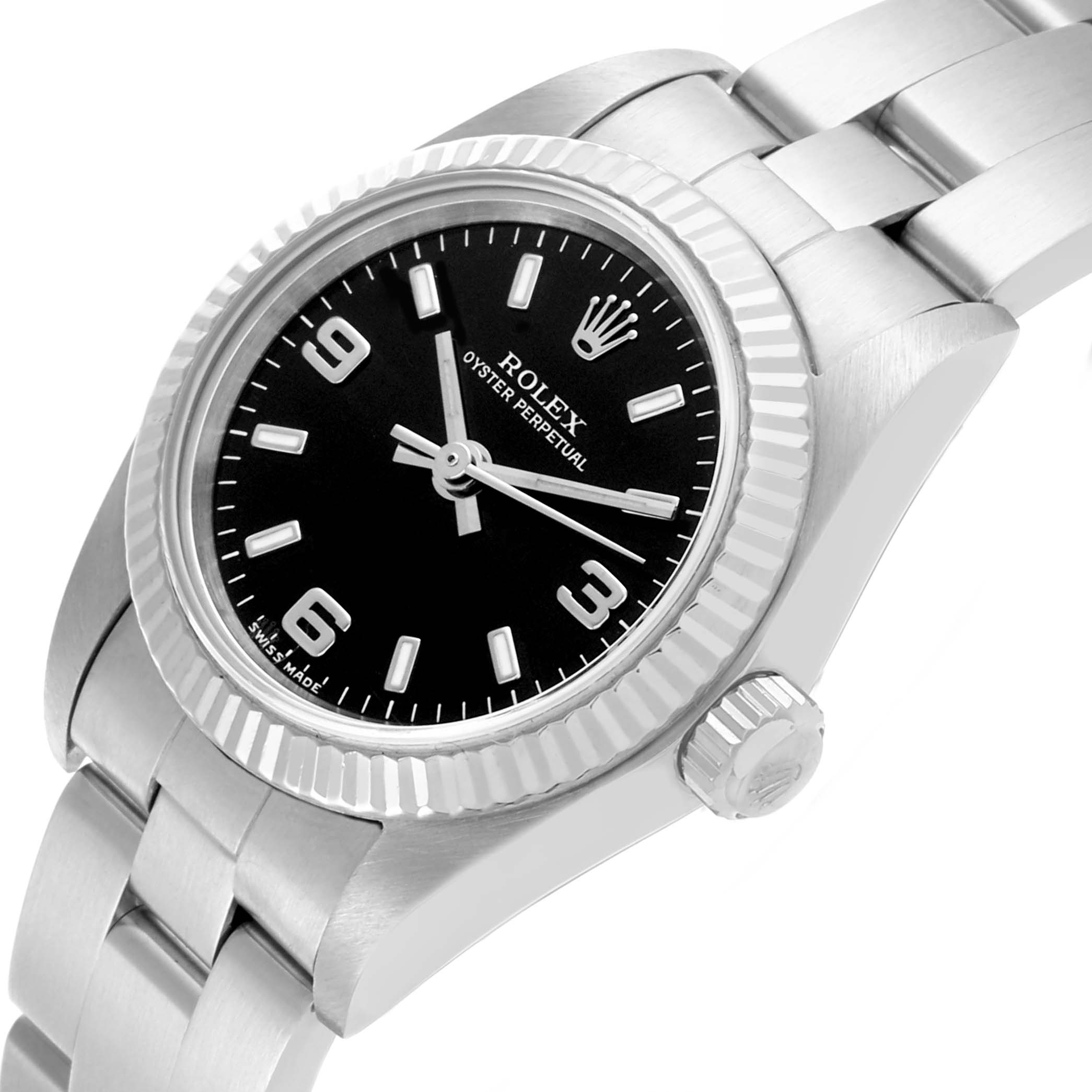 The Rolex Oyster Perpetual 76094 Women's Stainless Steel Black Dial 76094 Women's Stainless Steel Black Dial watch is shown at a slight angle, highlighting the bezel, crown, and part of the bracelet.