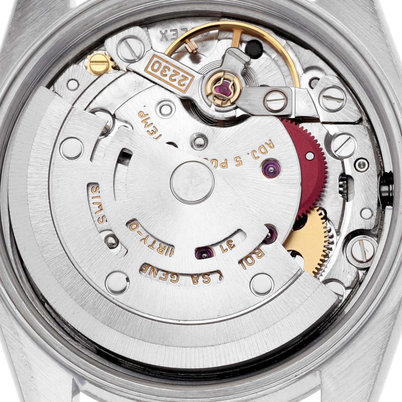 The image shows the movement mechanism of a Rolex Oyster Perpetual 76094 Women's Stainless Steel Black Dial 76094 Women's Stainless Steel Black Dial watch, viewed from the back.