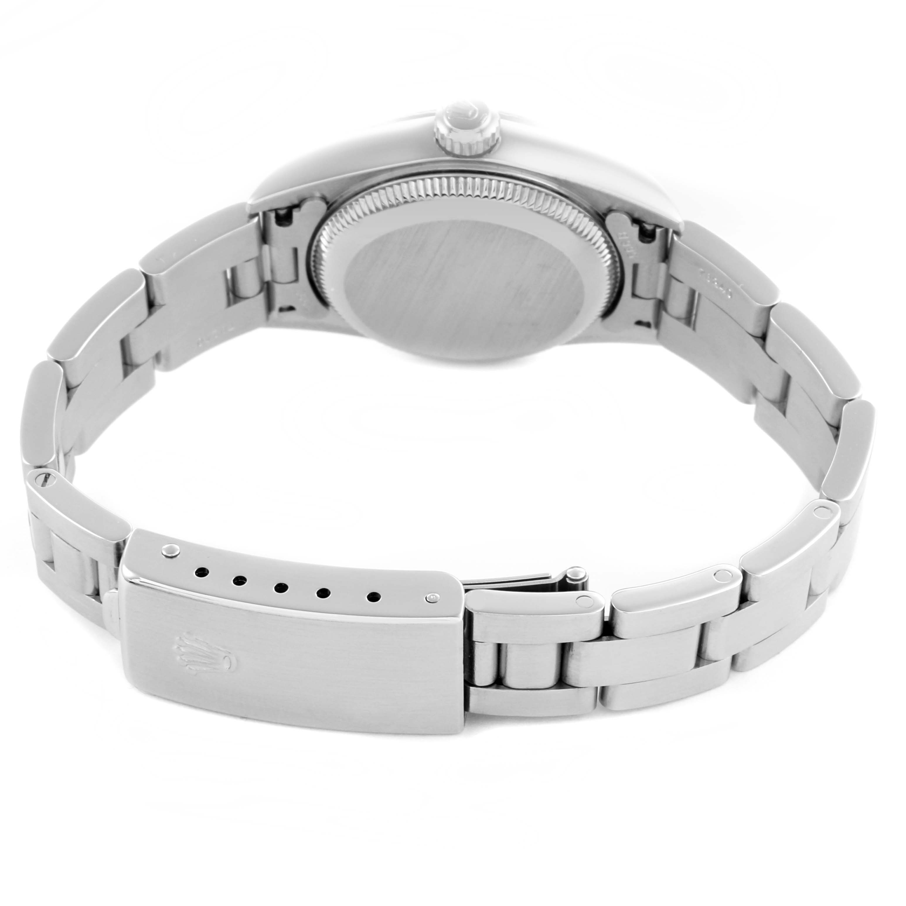 The Rolex Oyster Perpetual 76094 Women's Stainless Steel Black Dial 76094 Women's Stainless Steel Black Dial watch is shown from the back, highlighting the case back, crown, and metal bracelet with clasp.