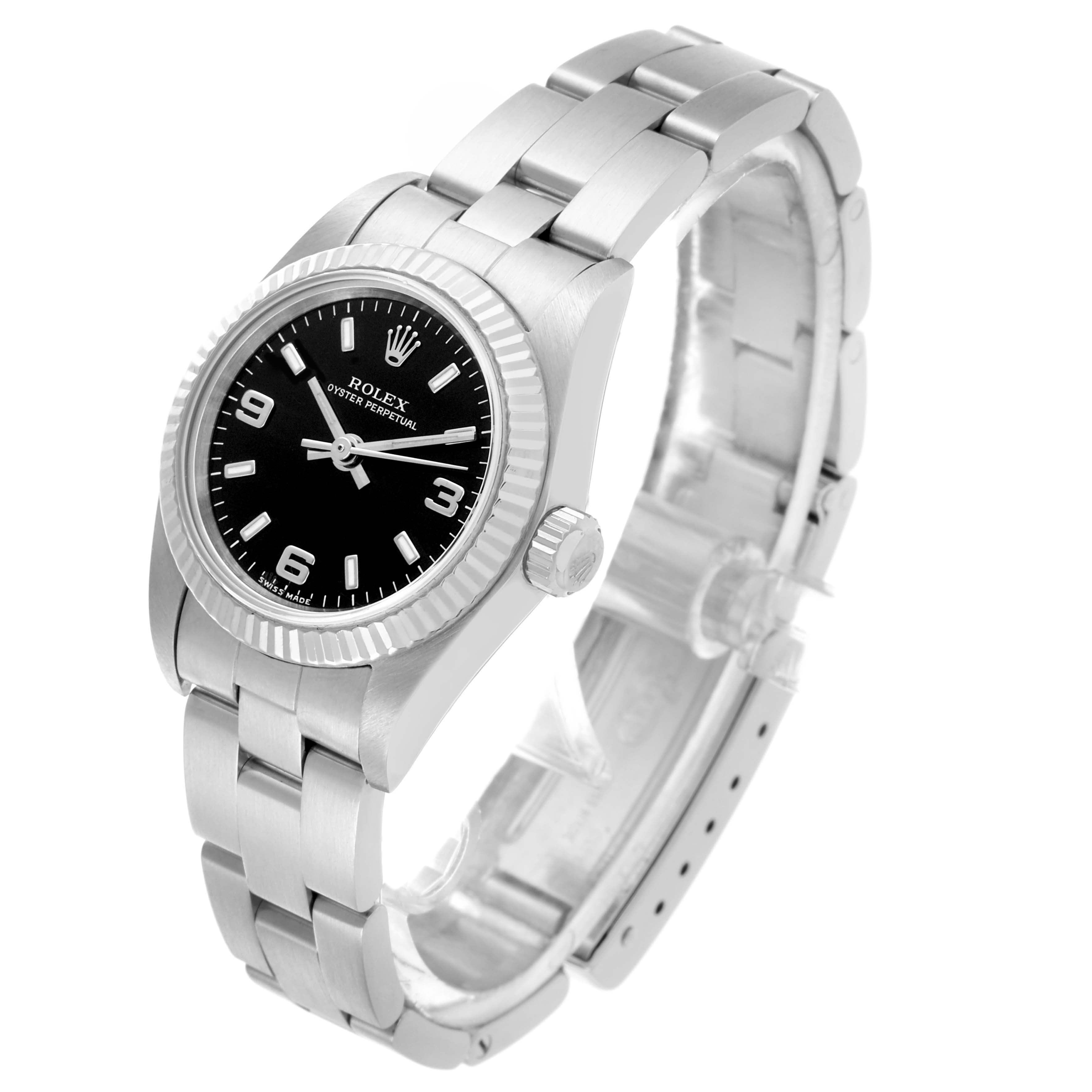 The Rolex Oyster Perpetual 76094 Women's Stainless Steel Black Dial 76094 Women's Stainless Steel Black Dial watch is shown at an angled side view, displaying the face, bezel, bracelet, and crown.