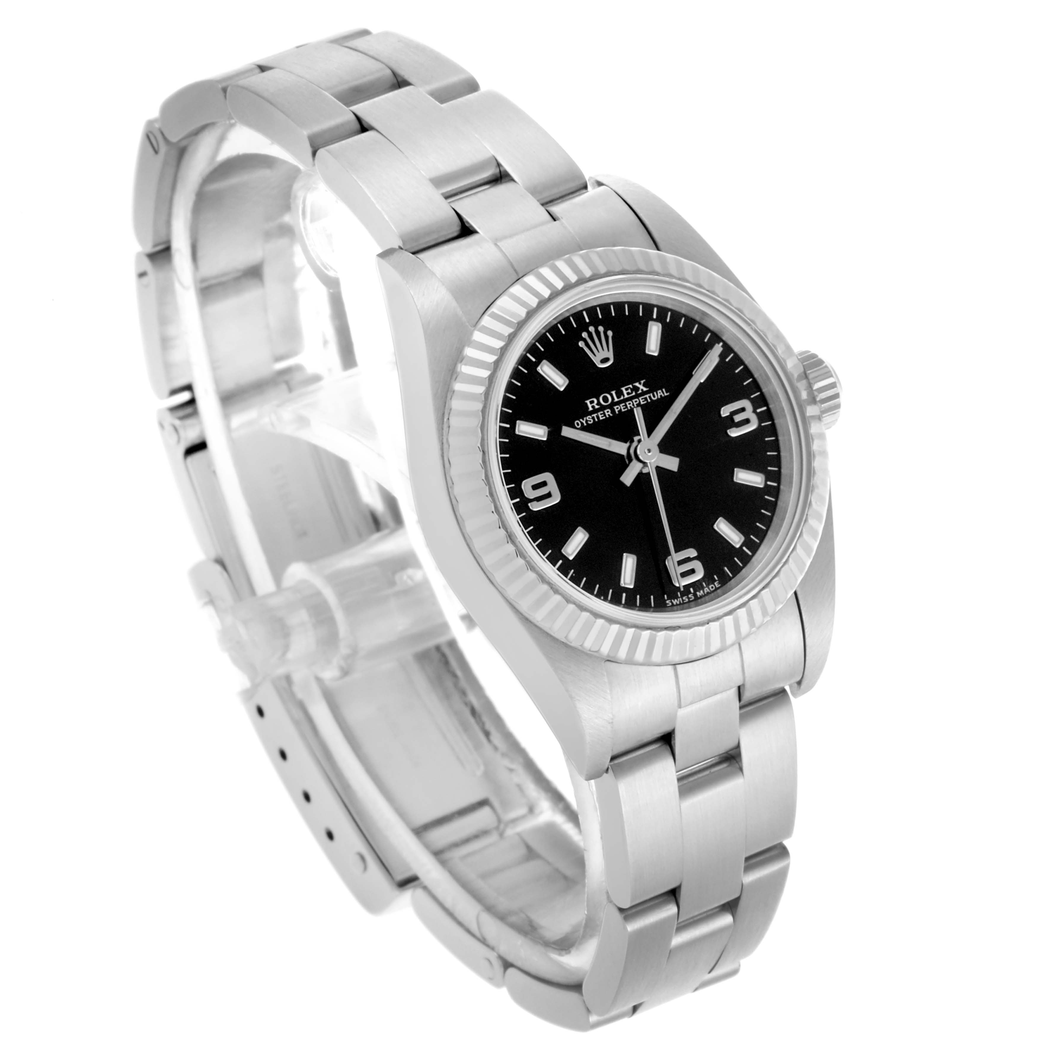 The Rolex Oyster Perpetual 76094 Women's Stainless Steel Black Dial 76094 Women's Stainless Steel Black Dial watch is shown from a three-quarter angle displaying the dial, bezel, bracelet, and clasp.